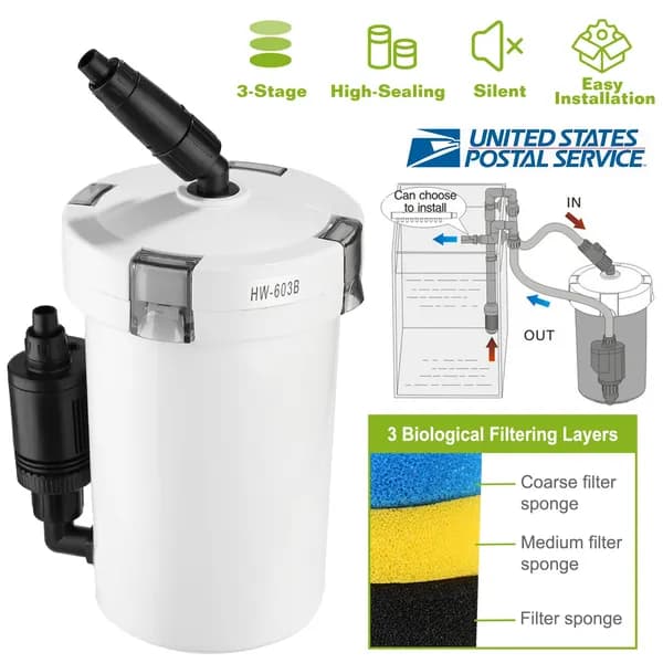 3-Stage External Canister Filter For 28 Gallon Aquarium Fish Tank 105gph 6W Easy Installation Silent