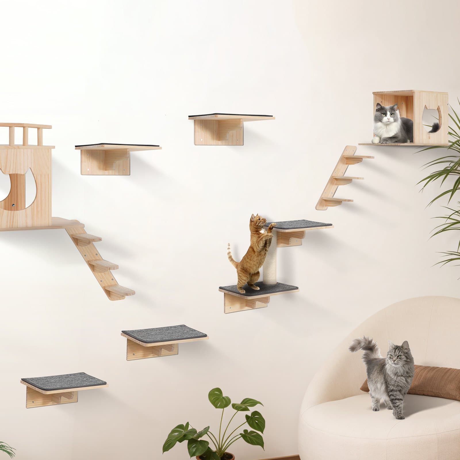 Wall Mounted Cat Shelves Tree With Jumping Boards Nests Hammock Set Of 9