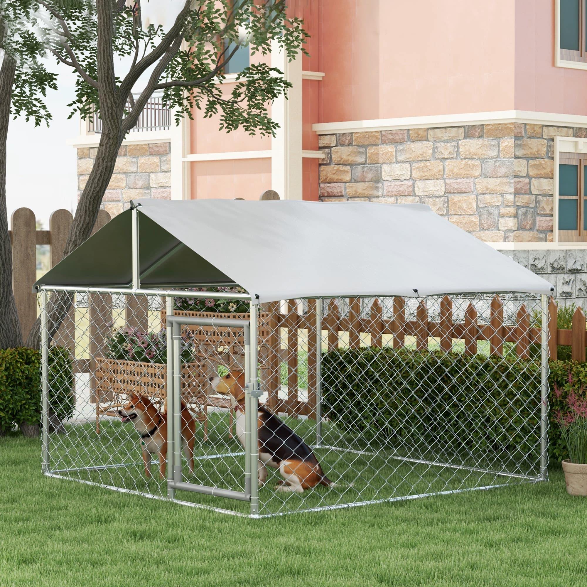  6.6' x 6.6' x 4.9' Dog Kennel Outdoor for Small Medium Dogs with Waterproof Roof, Silver