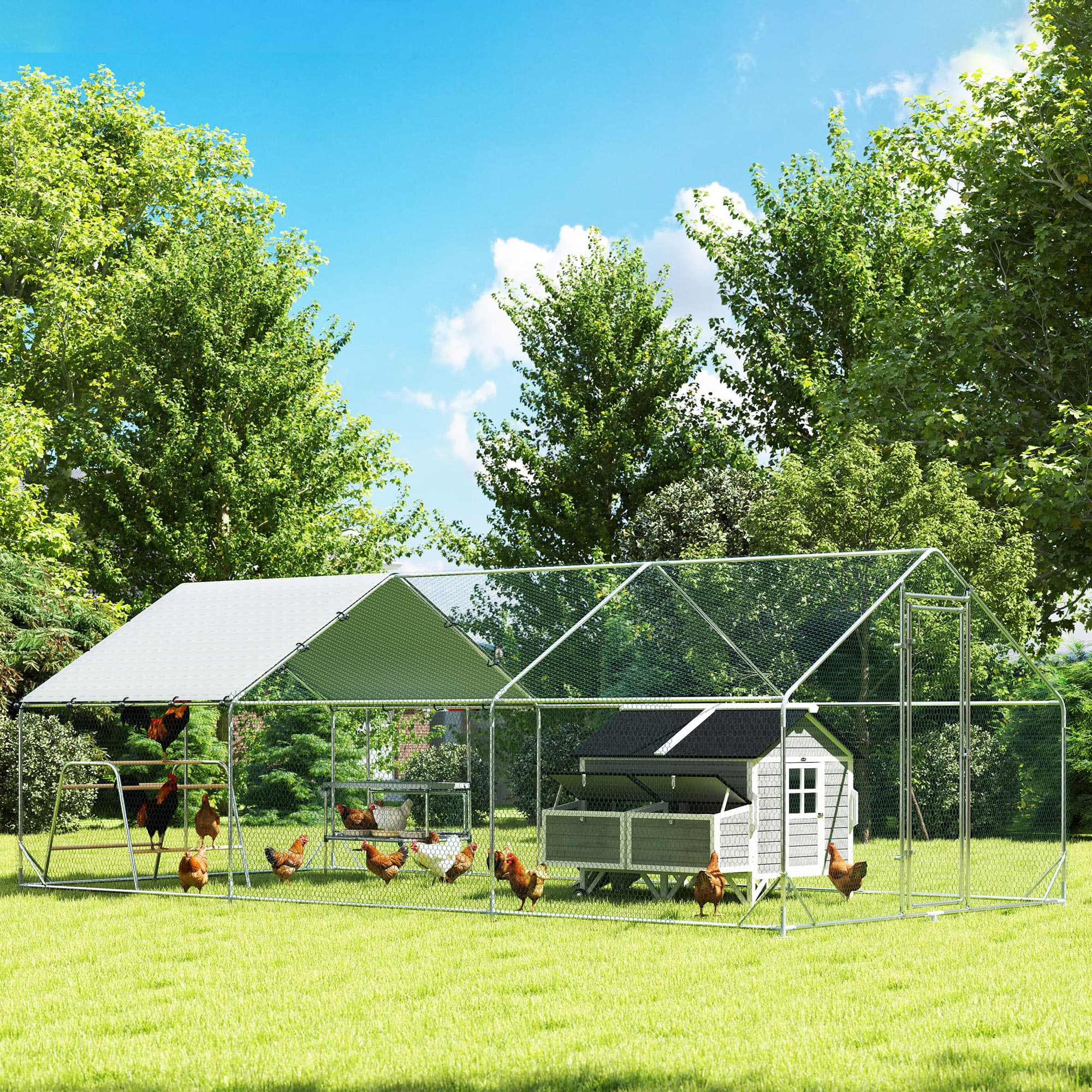 Large Metal Chicken Coop with Waterproof Cover, Roosting Bar, Nesting Box, 9.8' x 19.7' x 6.4'