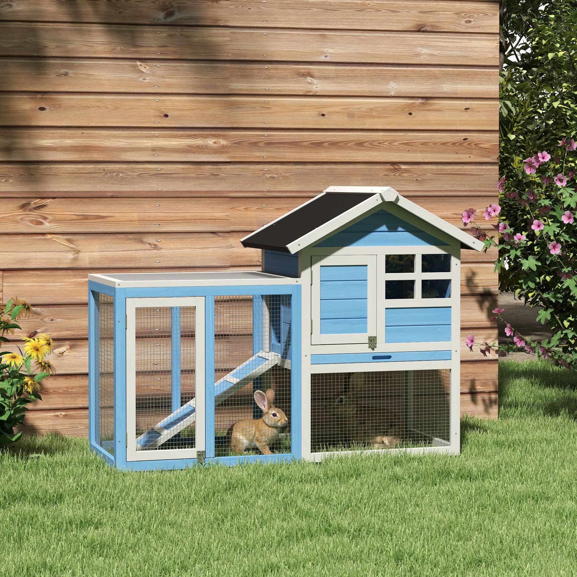  48" Wooden Rabbit Hutch Bunny Cage with Waterproof Asphalt Roof, Fun Outdoor Run, Removable Tray and Ramp, for Rabbits, Chickens, Ducks, Light Blue