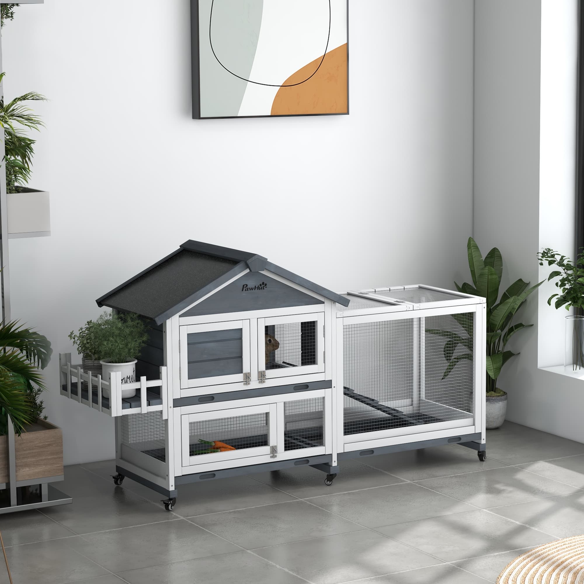  65" Wooden Rabbit Hutch, Pet Playpen with Openable Roof & Storage Box for Rabbits and Small Animals, Gray