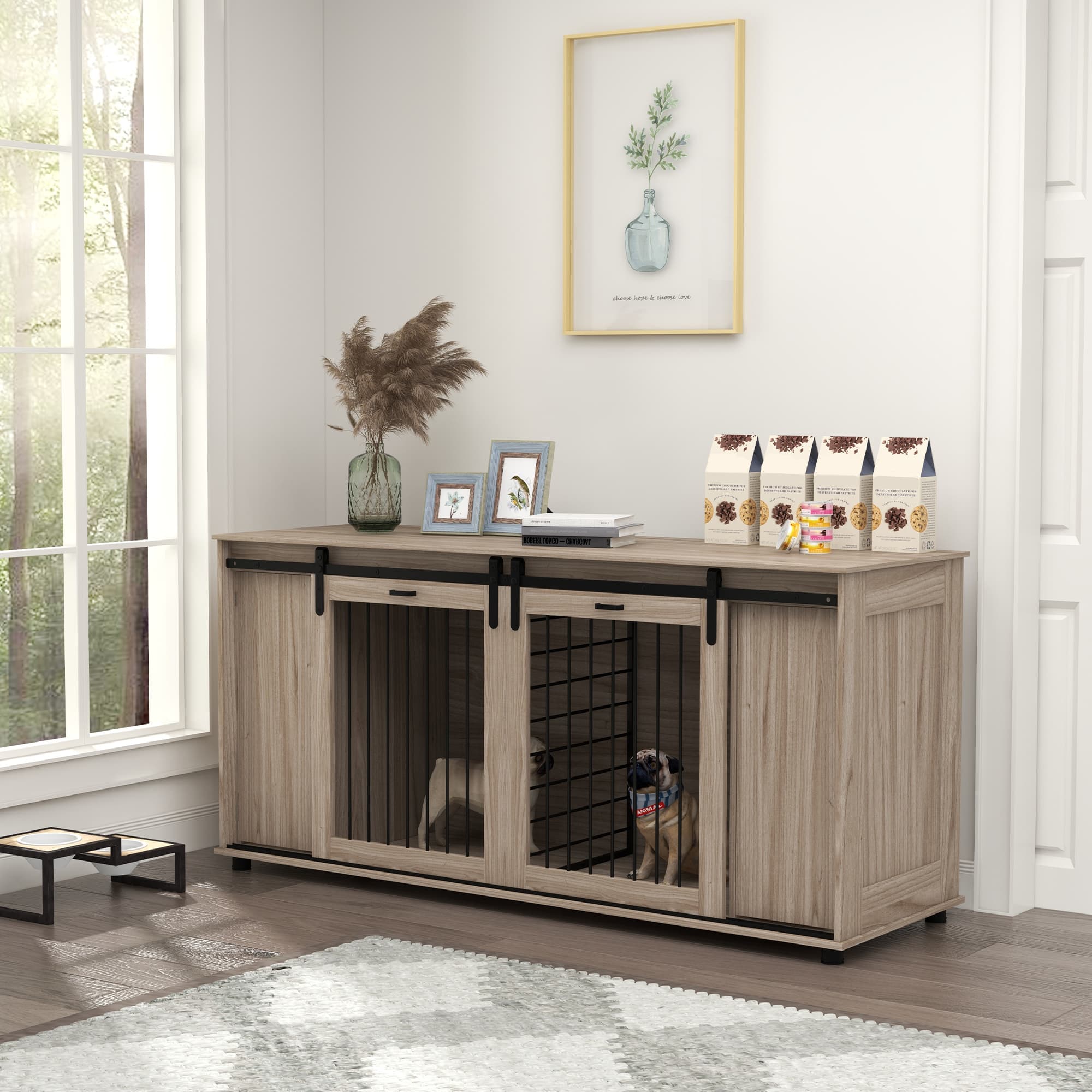  71" Modern Dog Kennel Furniture with Removable Divider, Storage for 2 Small Dogs or 1 Large Dog, Walnut