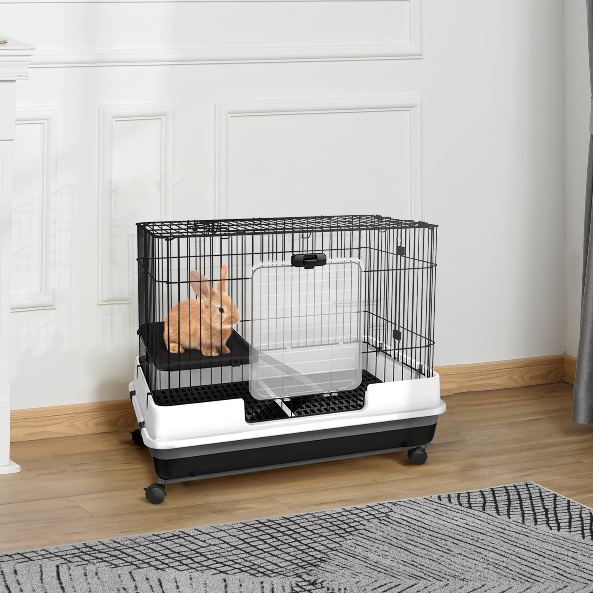  2-Level Small Animal Cage Rabbit Hutch with Wheels, Removable Tray, Platform and Ramp for Bunny, Chinchillas, Ferret, Black