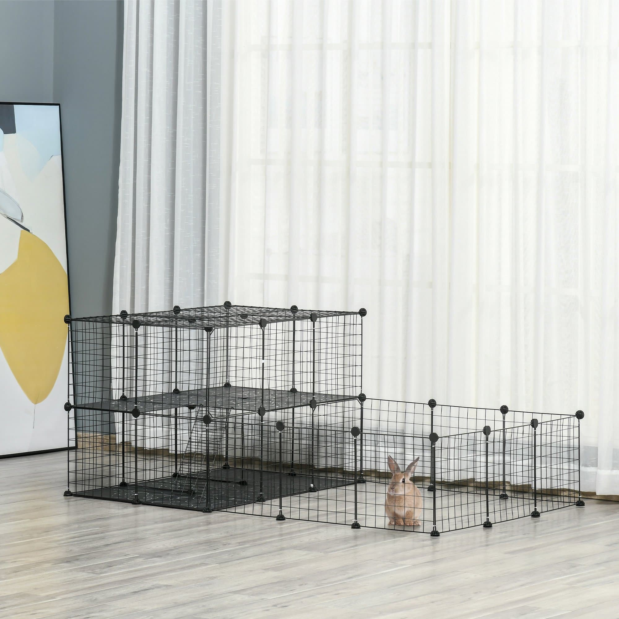  Pet Playpen with Door, Metal Mesh Cage with Mallet, Black