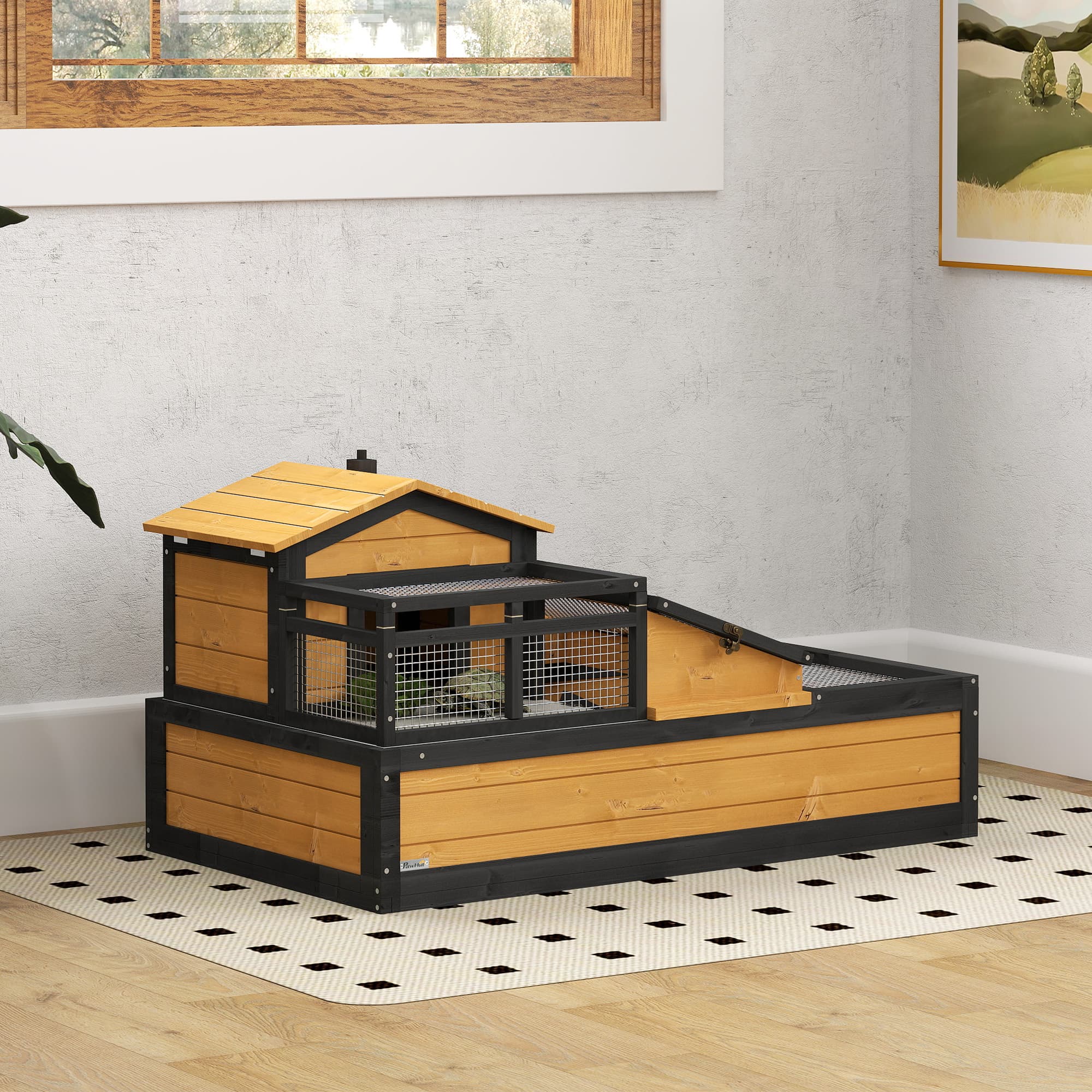  3-Room Tortoise Habitat House w/ Balcony & 2 Stories, 44" x 25.5" x 25", Yellow