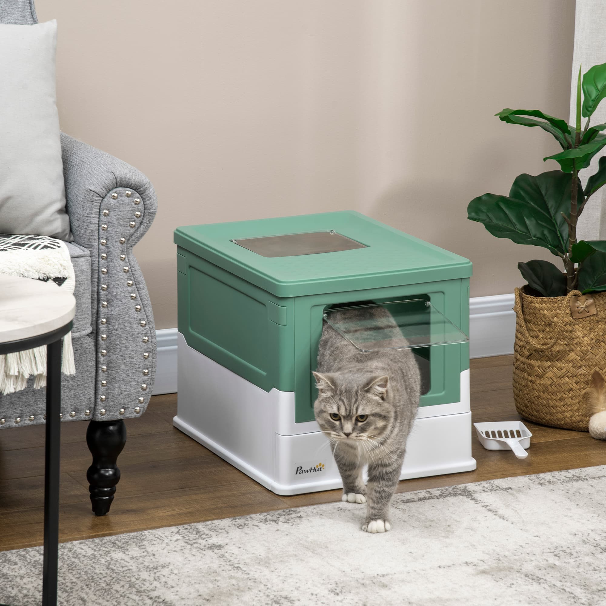  Fully Enclosed Cat Litter Box with Front Entry and Top Exit, Plastic, Green & White