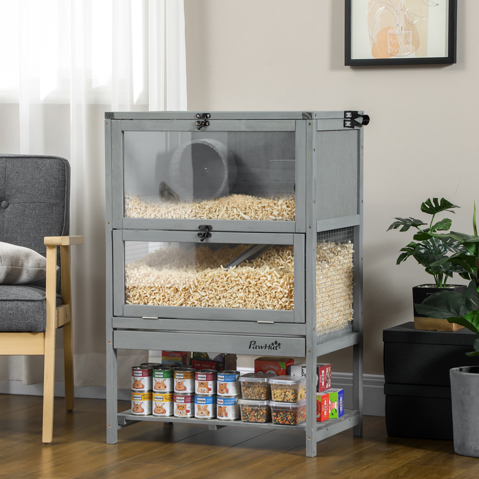  Wooden Hamster Cage with Storage Shelf, Large Rat Mouse Habitat Including Seesaw, Small Animal Cage with Sliding Tray, Wide Ramp for Racing, Running Wheel, 35.5" H