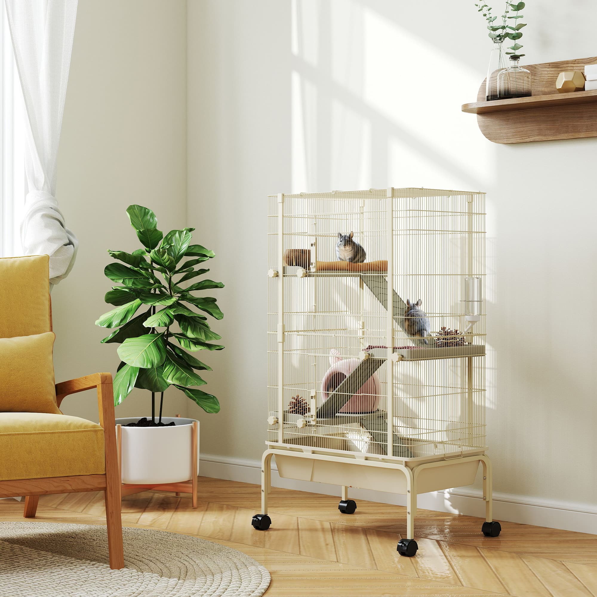 47" Small Animal Cage, 4 Levels Large Rolling Metal Ferret Cage w/ 5.9" Deep Tray, Ramps, Water Bottle, Food Dish, Beige