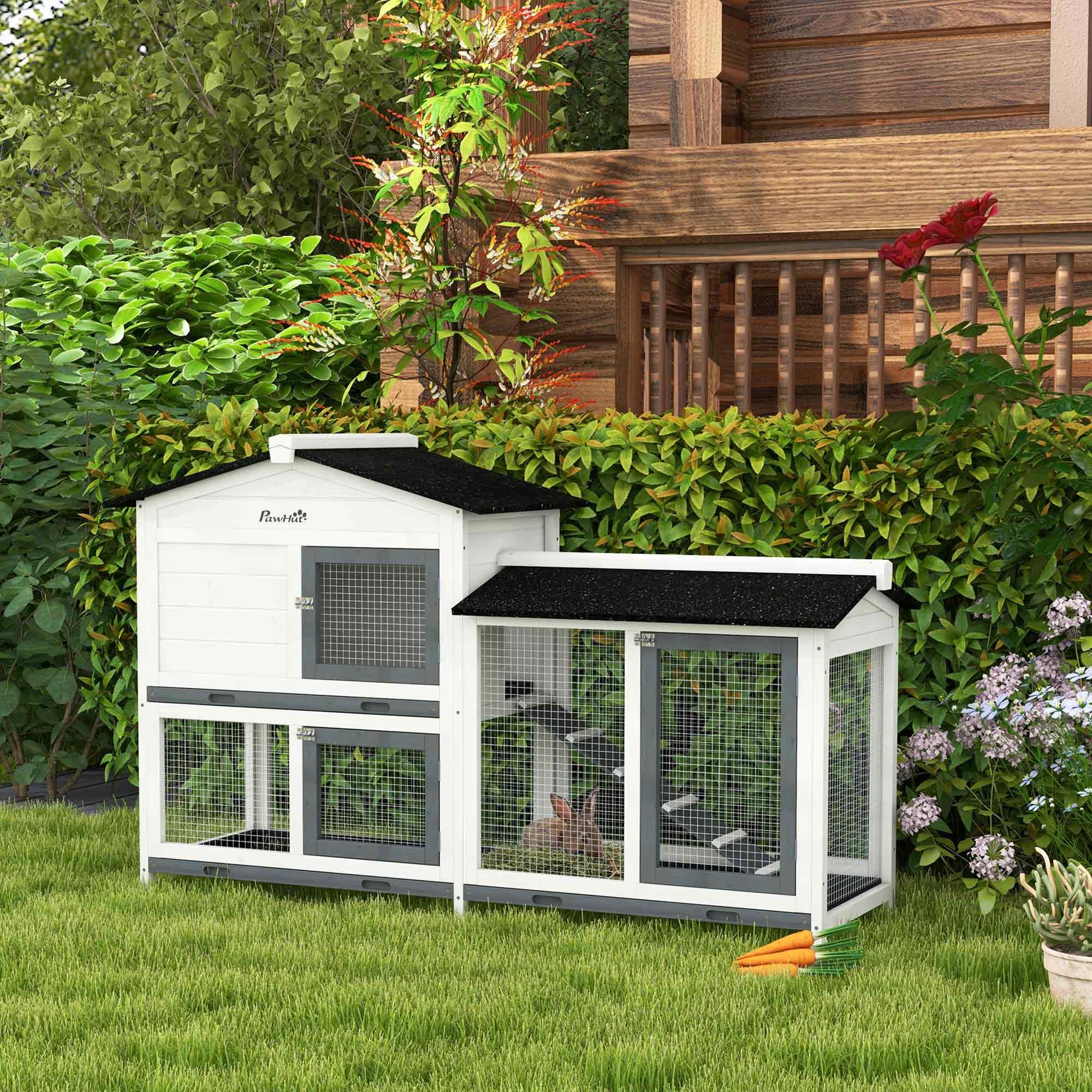  62" Rabbit Hutch, Wooden Bunny Hutch, Guinea Pig Cage, Small Animal Enclosure with Run Area, Removable Tray, Asphalt Roof, Lockable Doors and Ramp, for Rabbits, Chickens, Ducks, White