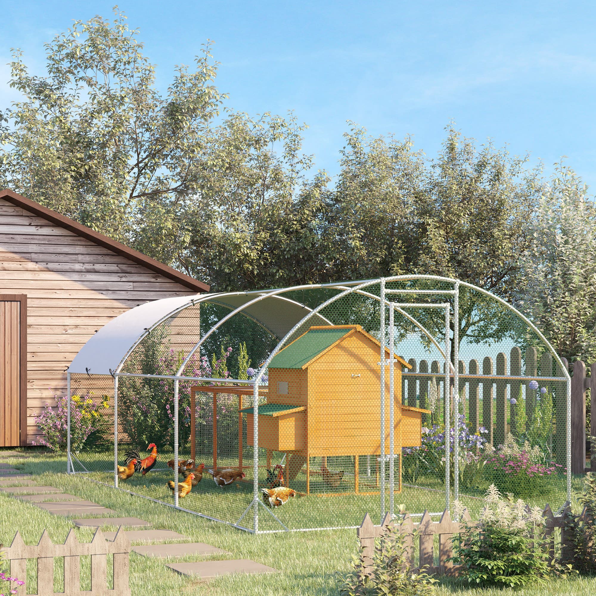  Large Chicken Coop Metal Chicken Run with Waterproof and Anti-UV Cover, Dome Shaped Walk-in Fence Cage Hen House for Outdoor and Yard Farm Use, 1" Tube Diameter, 9.2' x 18.7' x 6.5'