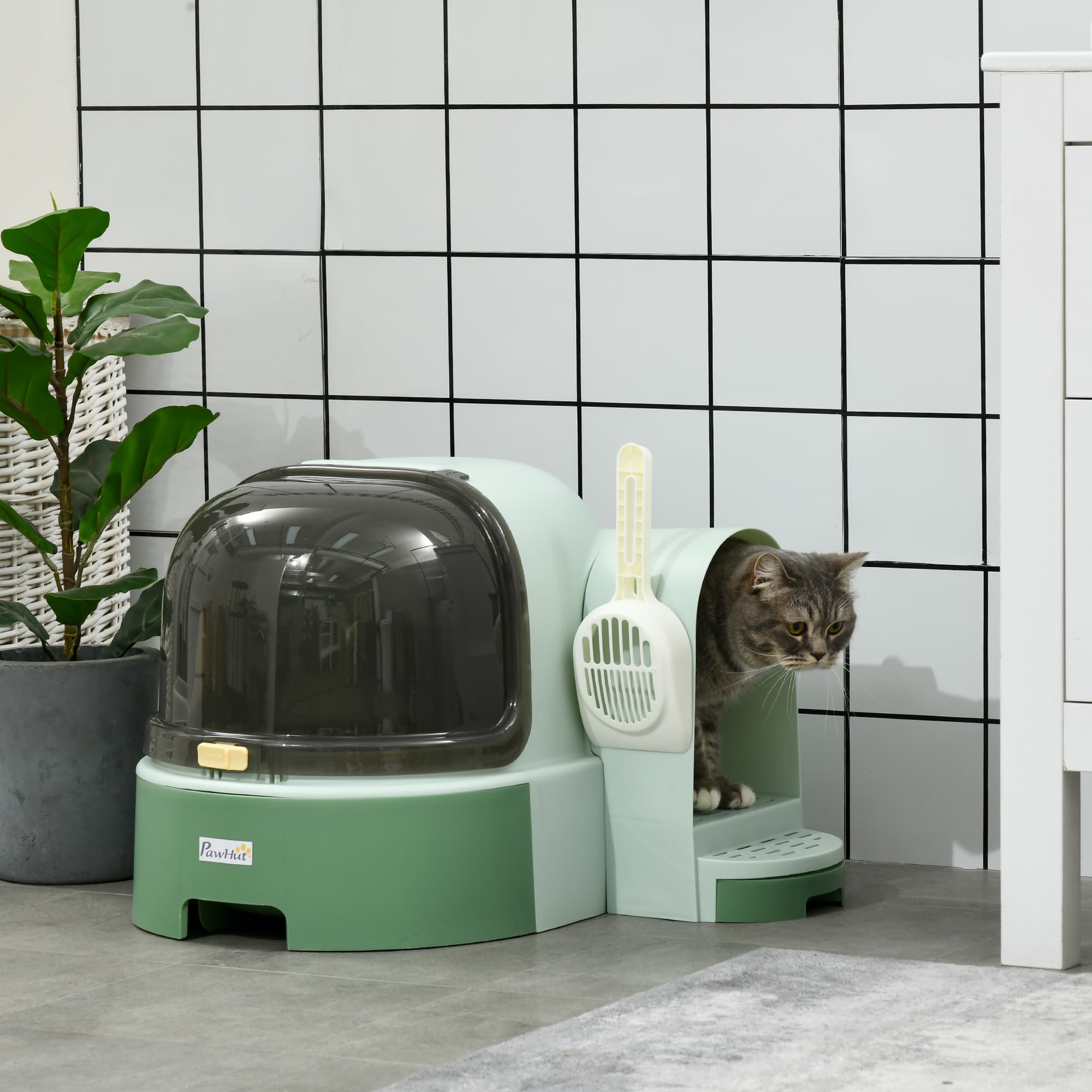  Cat Litter Box Easy to Clean Open with Scoop, Green