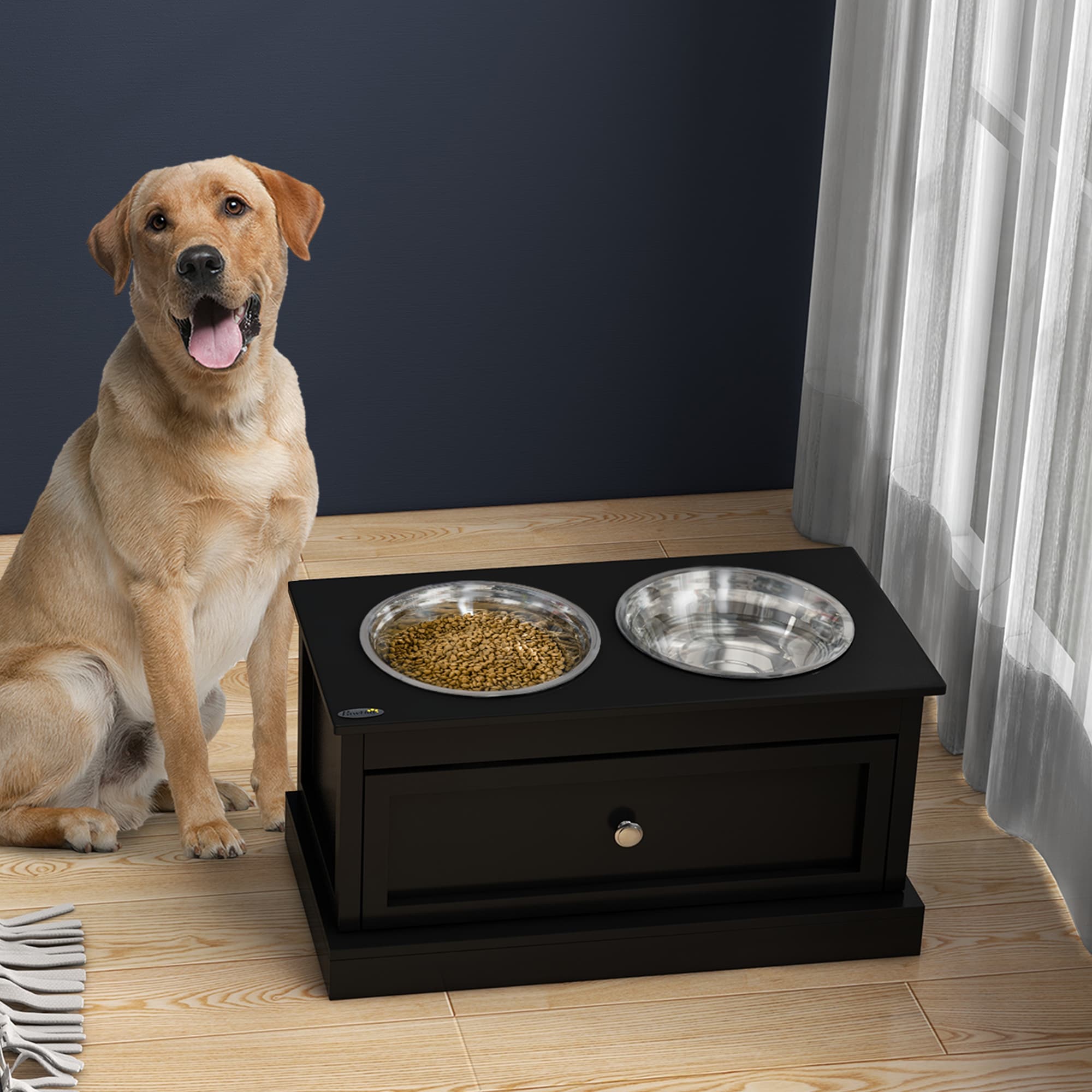  Elevated Dog Bowls with Storage Drawer, Raised Dog Bowl Stand Pet Food Bowl Dog Feeding Station, Black