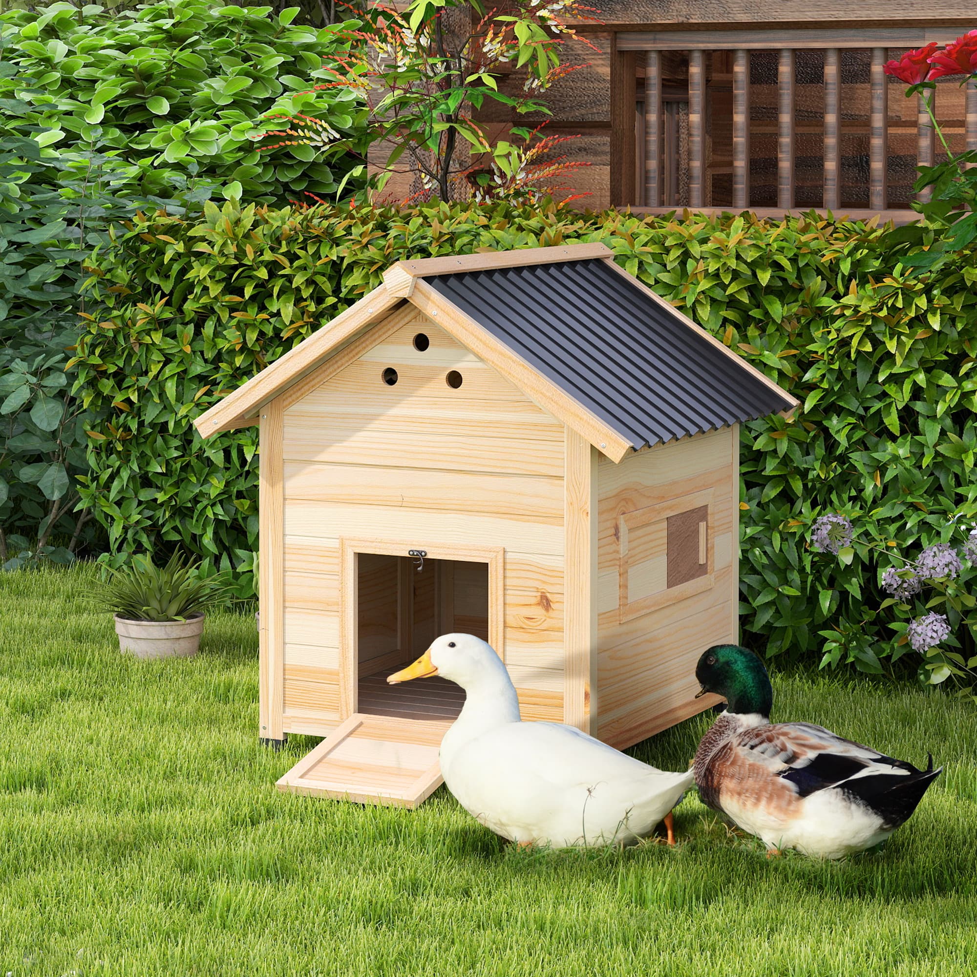  Duck Coop, Wooden Duck House with Openable Roof & Double Doors, Natural Wood
