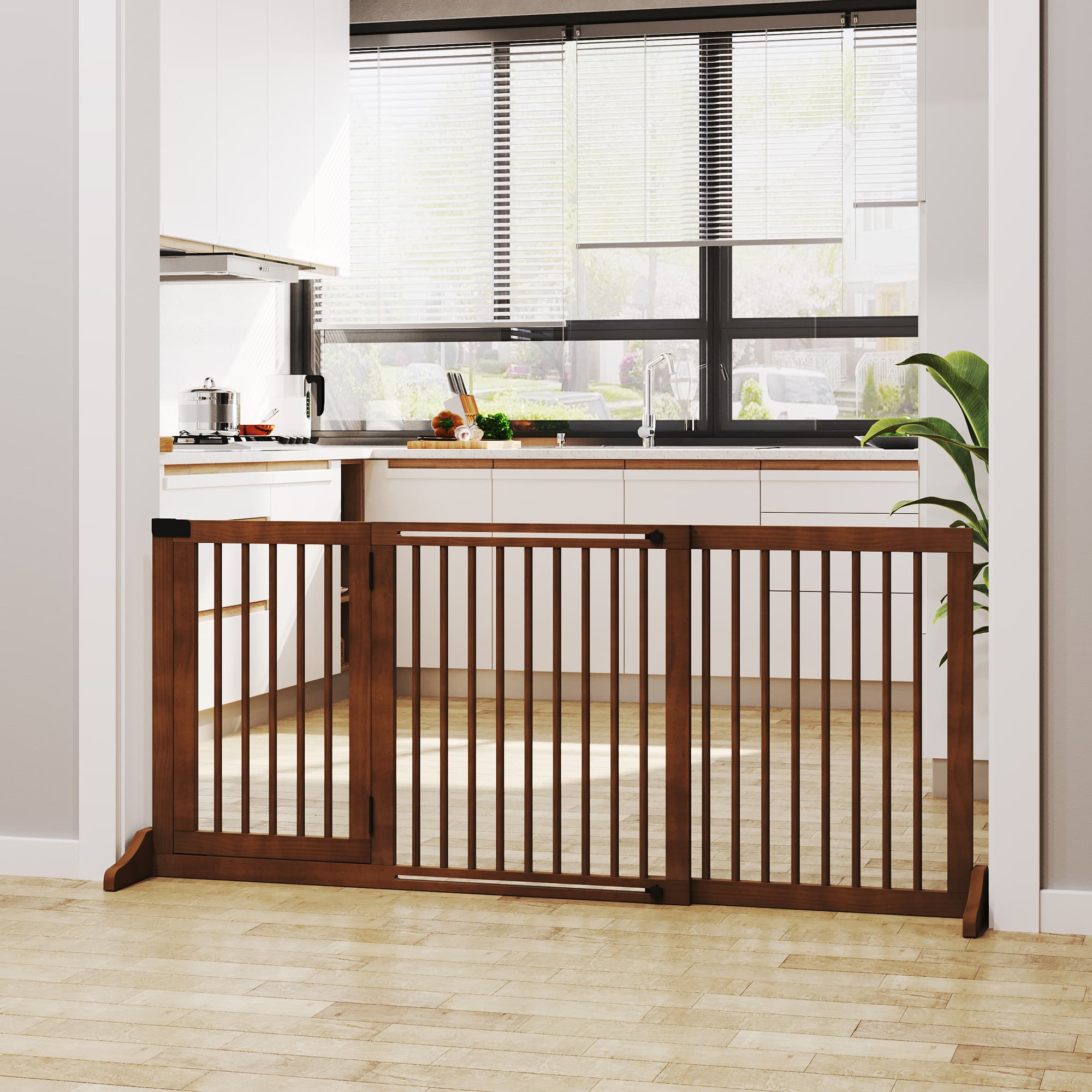  Freestanding Length Adjustable Wooden Pet Gate with Lockable Door 3 Panels, Brown