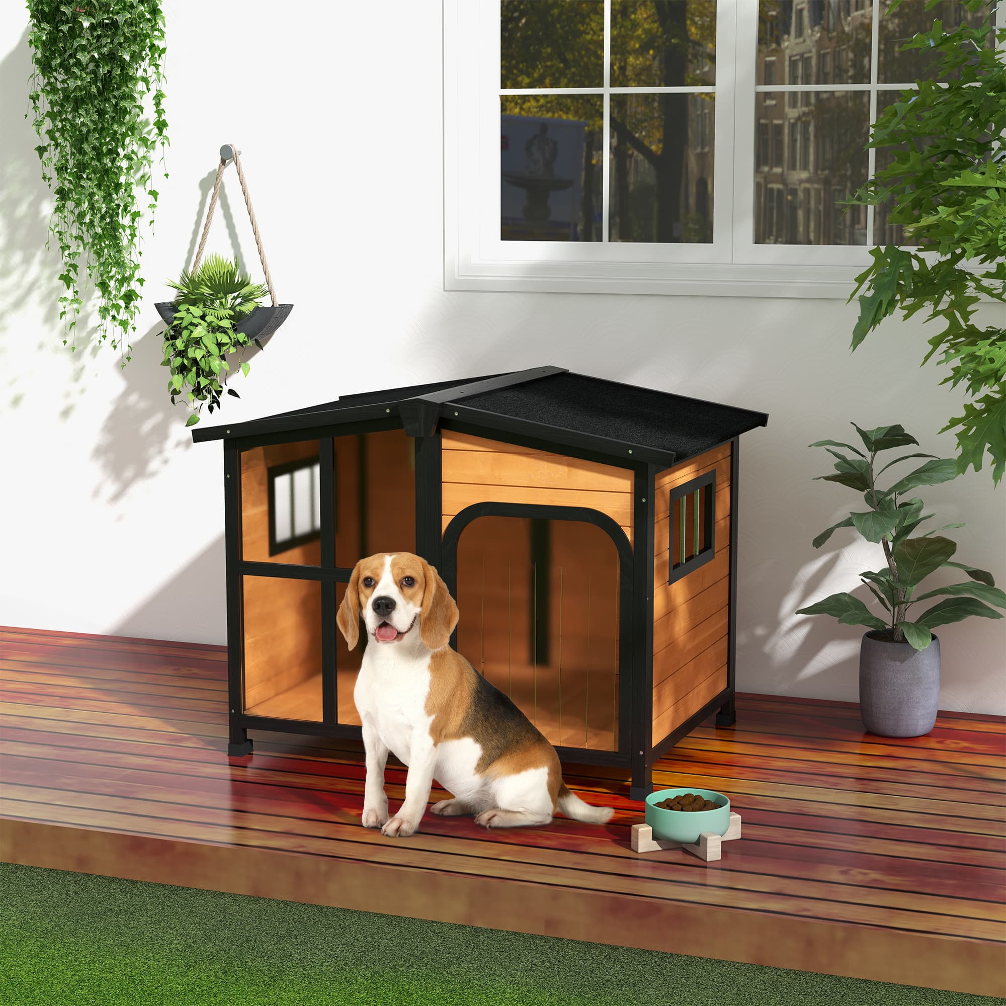  Cabin-Style Wooden Dog House for Large Dogs with Openable Roof & Giant Window, Yellow