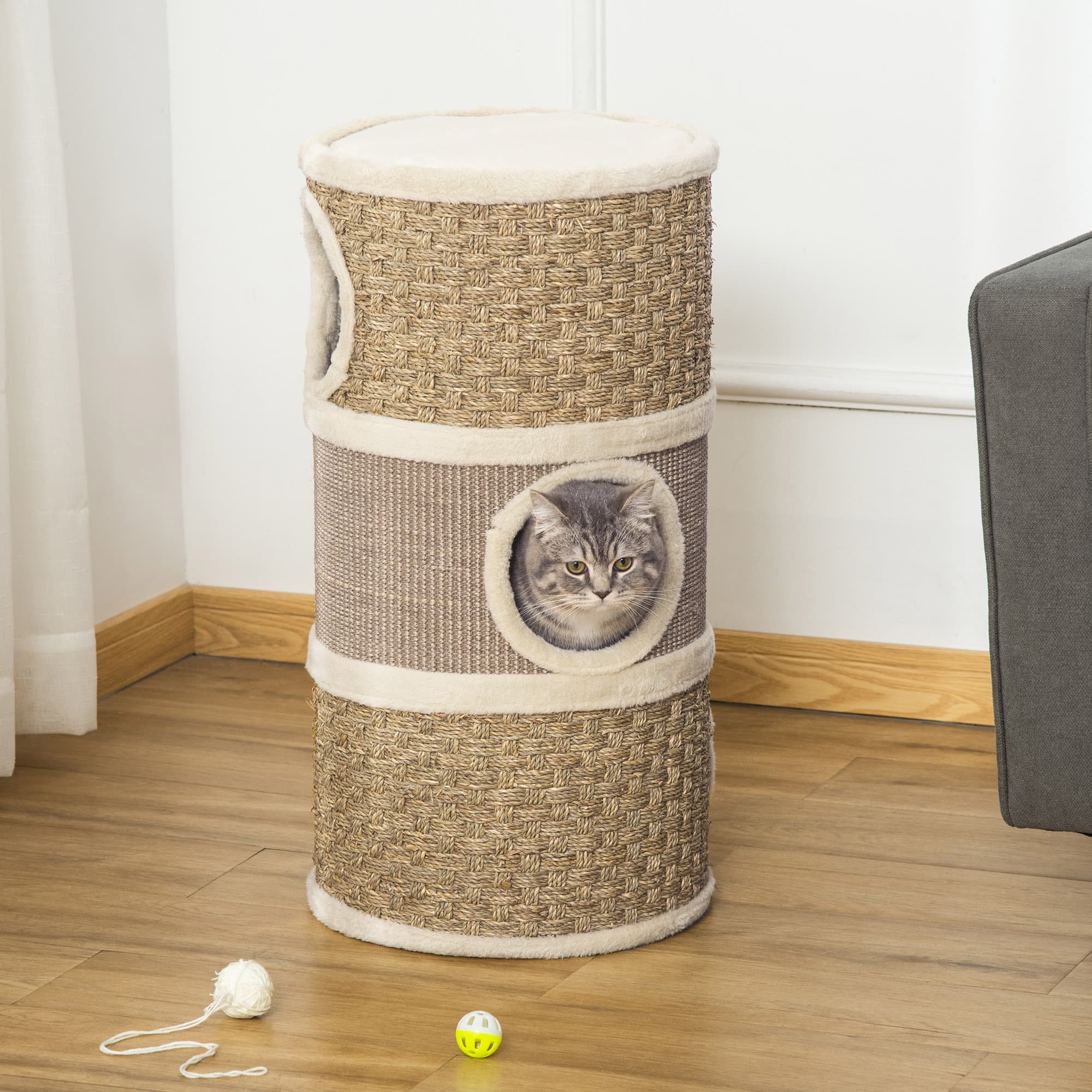  28 Inch Cat Condo, 3 Story Cat Hideaway with Sisal Scratching Pad