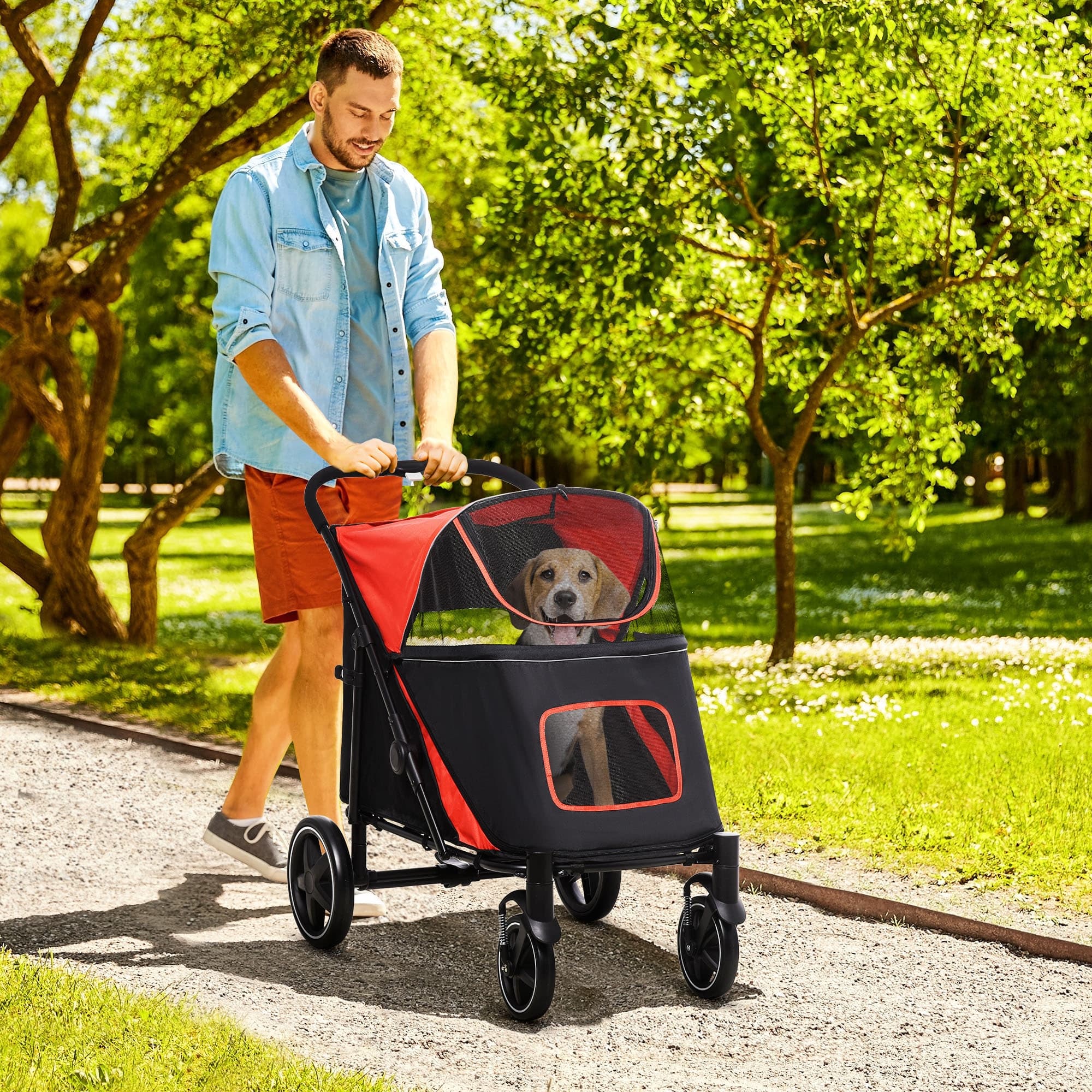  Dog Stroller for Large Medium Small Dogs up to 66 Lbs. 23.5" in Body Length, One-Click Foldable Pet Cat Stroller with Storage, Shock Absorption Wheels, Mesh Window, Safety Leash, Red