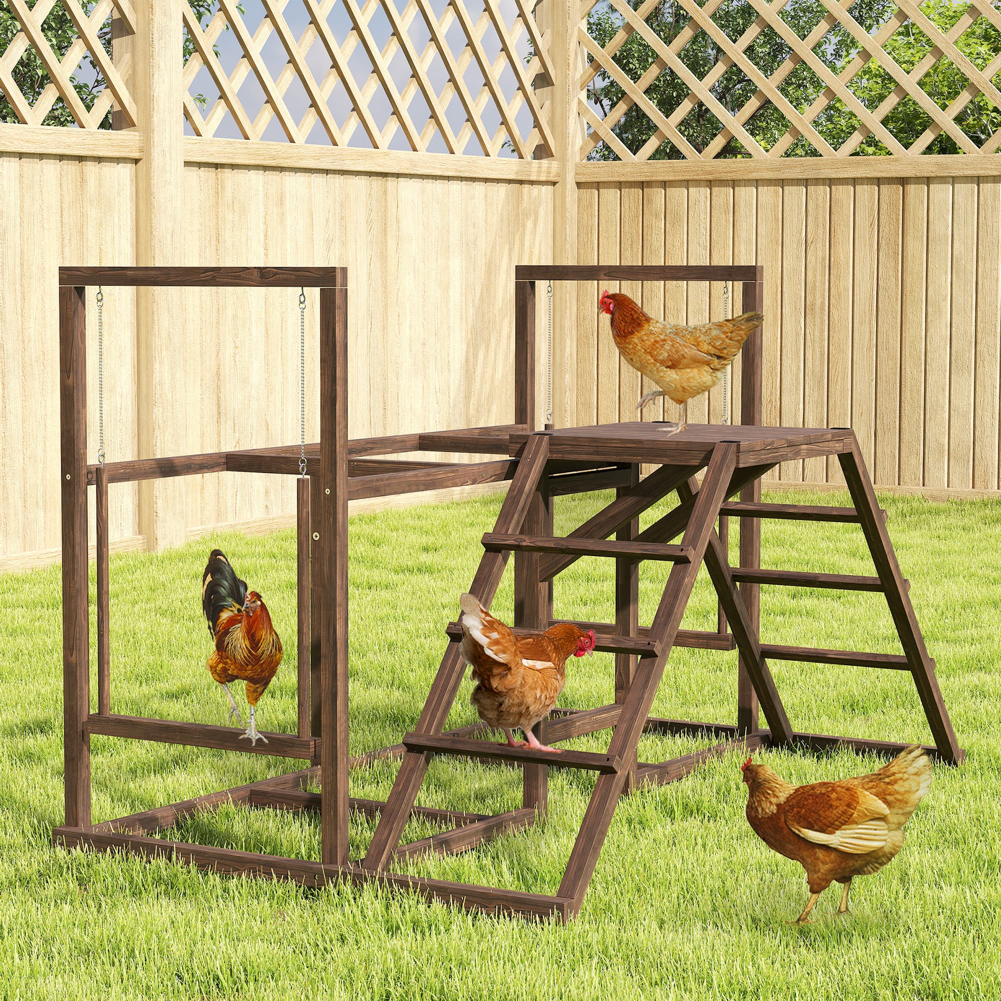  Chicken Activity Play Set with Multiple Chicken Perches, Swing, Ladder, Platform for 3-4 Chickens, Coffee