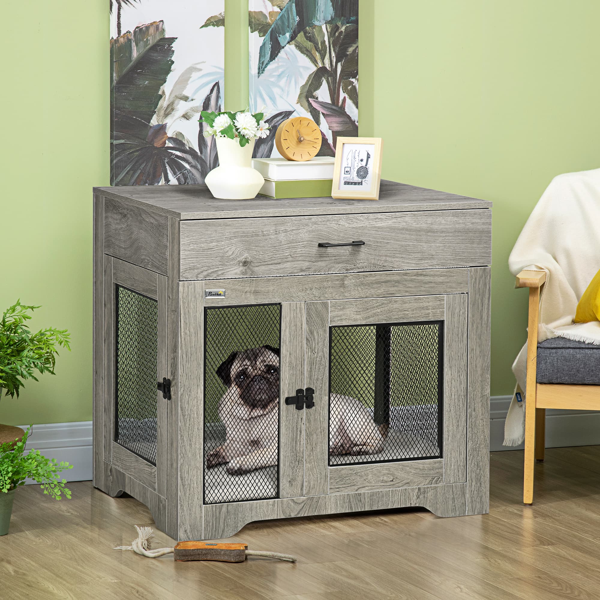  Dog Crate Furniture with Soft Water-Resistant Cushion, Dog Kennel End Table with Drawer, Puppy Crate for Small Dogs Indoor with 2 Doors, Gray