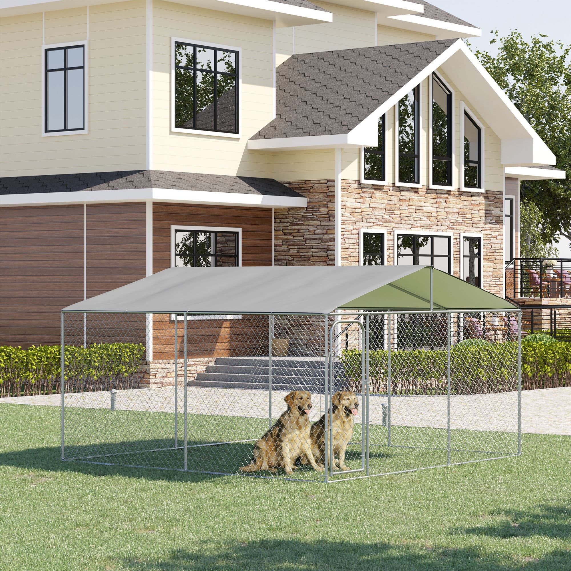  Dog Kennel Outdoor Dog Run w/ Canopy, 13' x 13' x 7.5'
