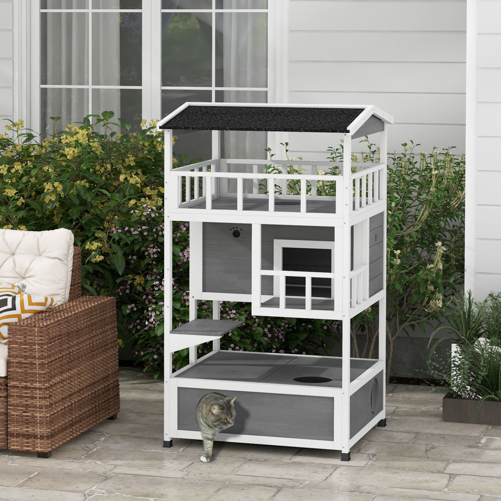 Wooden Outdoor Cat House with Asphalt Roof, Escape Doors, Condo, Jumping Platform, Light Gray