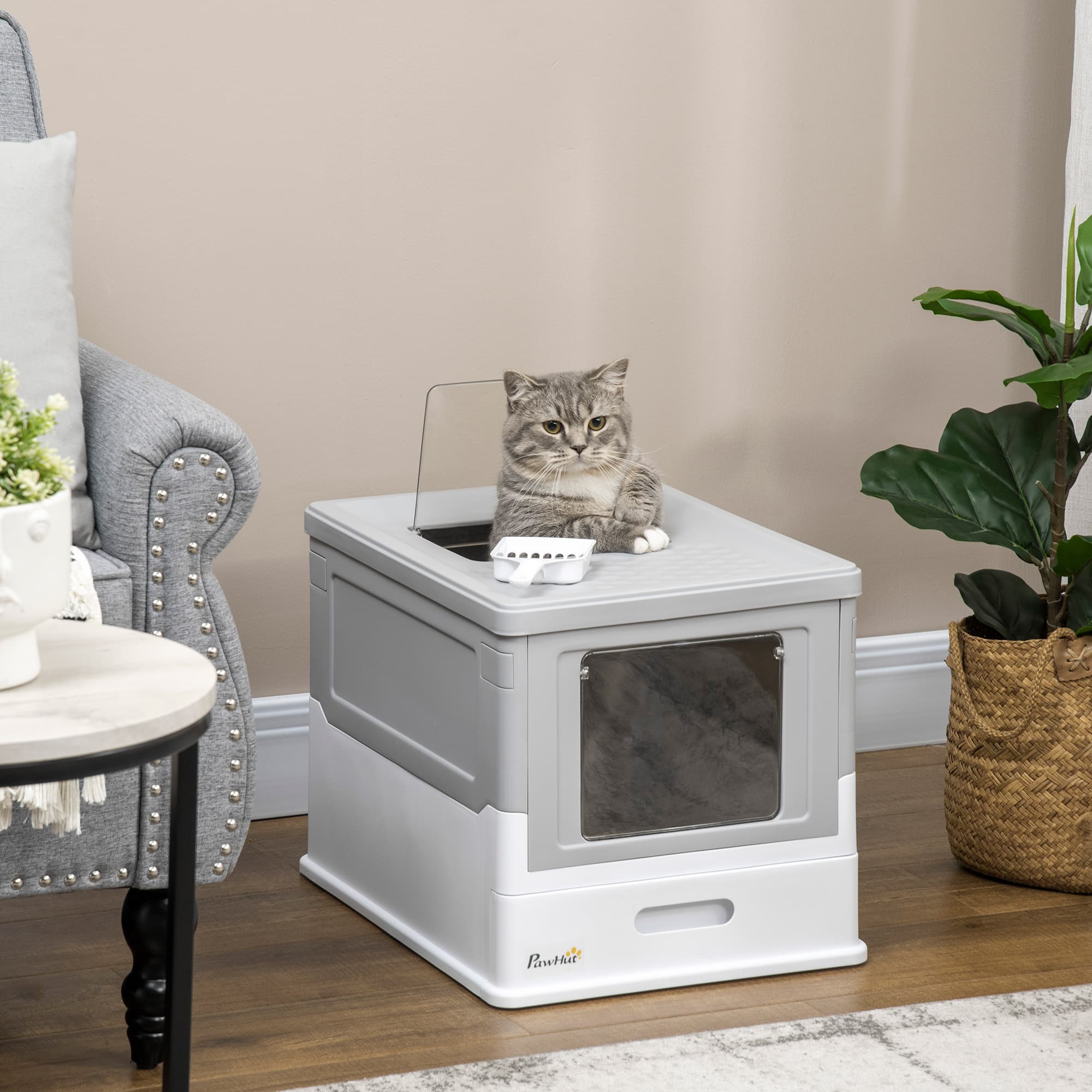  Fully Enclosed Cat Litter Box with Front Entry and Top Exit, Plastic, Gray & White