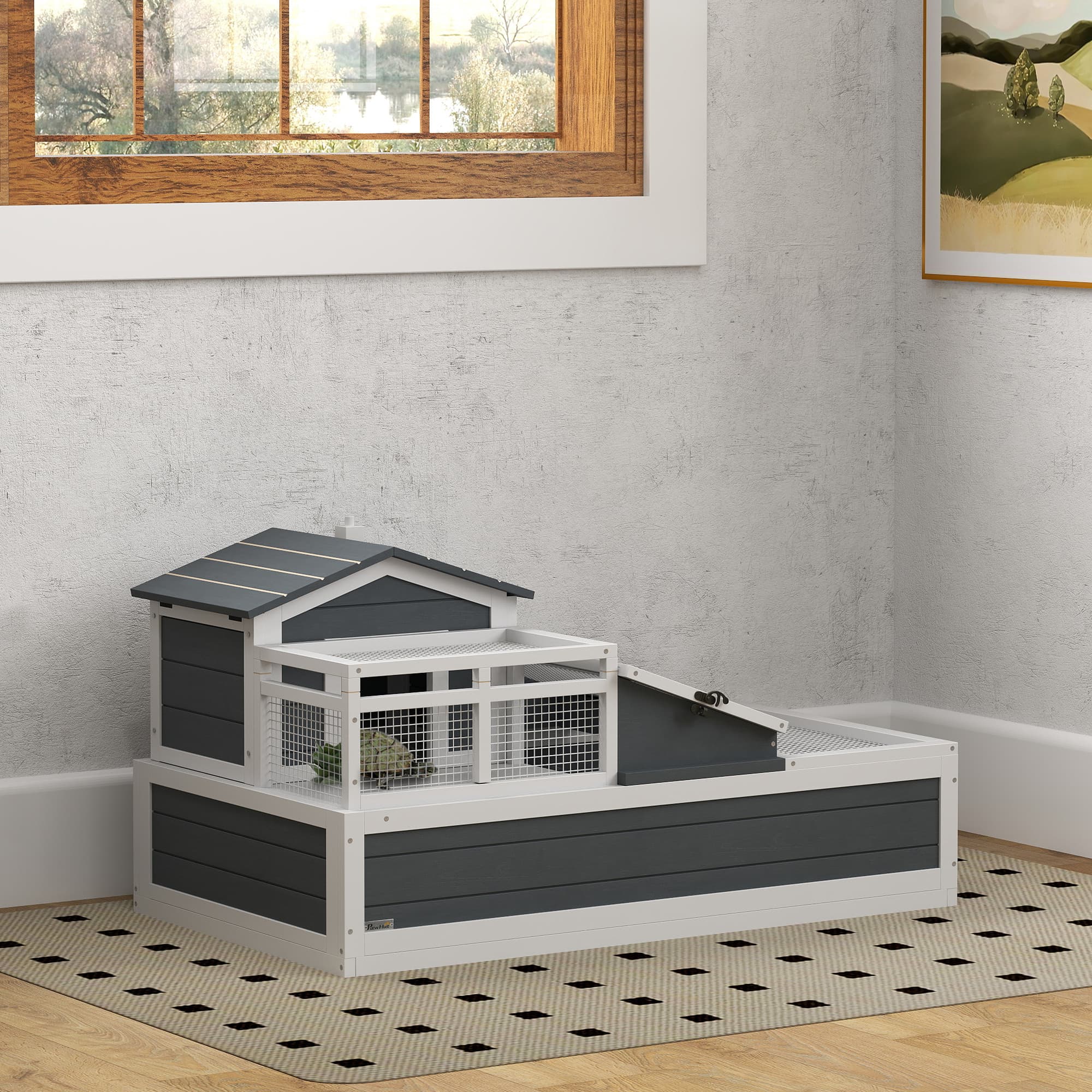  3-Room Tortoise Habitat House w/ Balcony & 2 Stories, 44" x 25.5" x 23", Gray