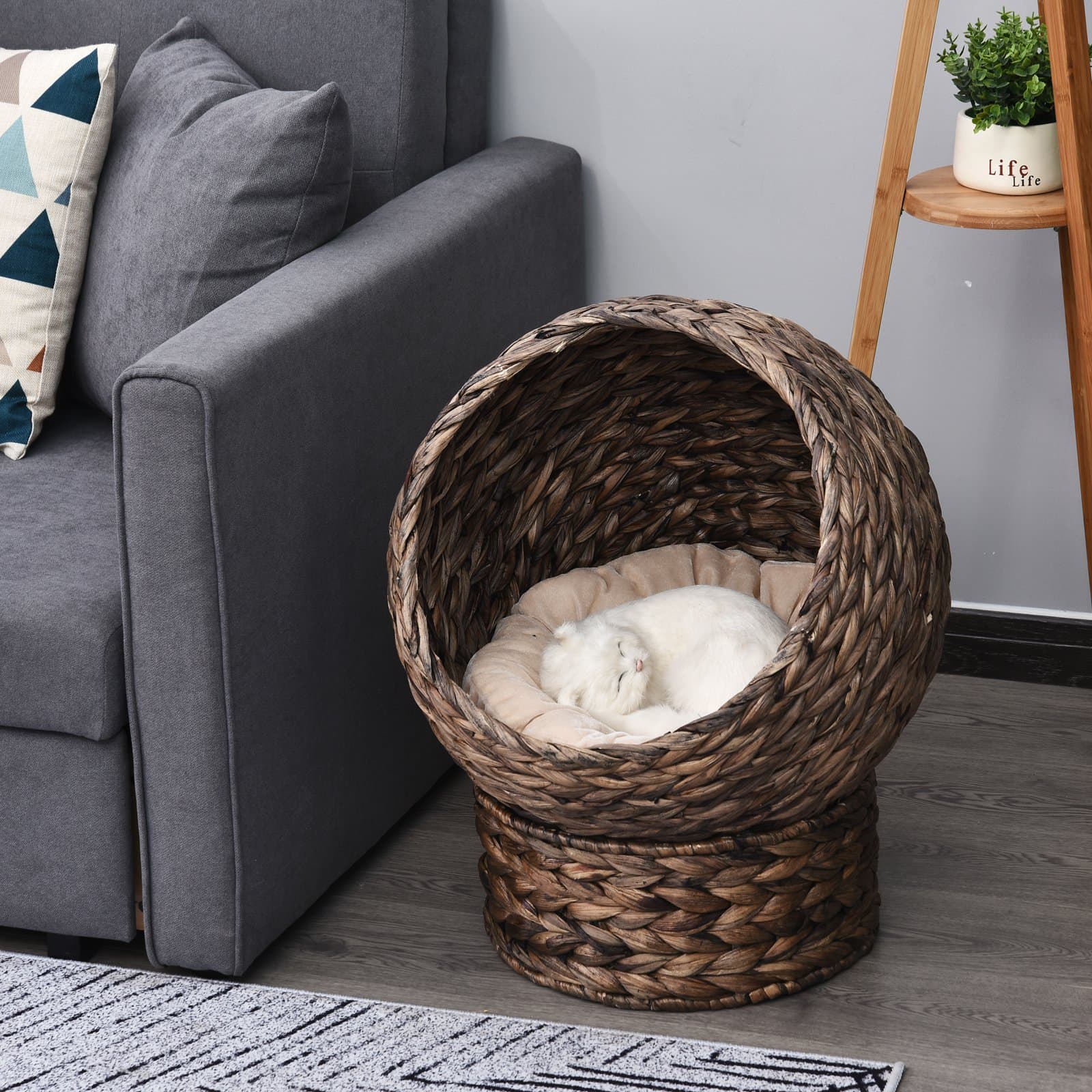  Handwoven Elevated Cat Bed with Rotating Basket and Soft Cushion, Wicker Cat Egg Chair with Stand, Brown