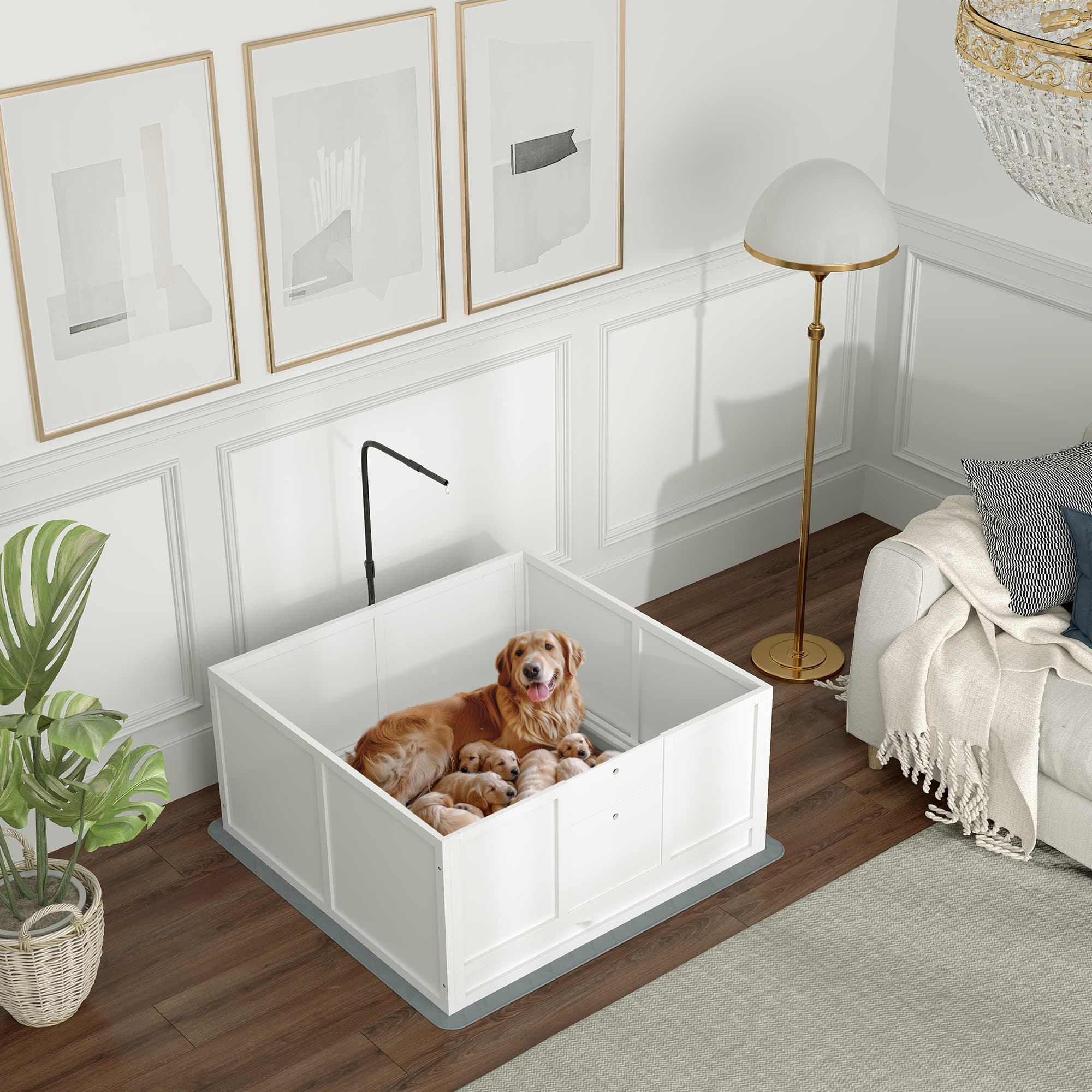  Whelping Box for Puppies with Pee Pad, Pig Rail, Adjustable Door for Small, Medium & Large Breed Dogs Birth, 41" x 39"