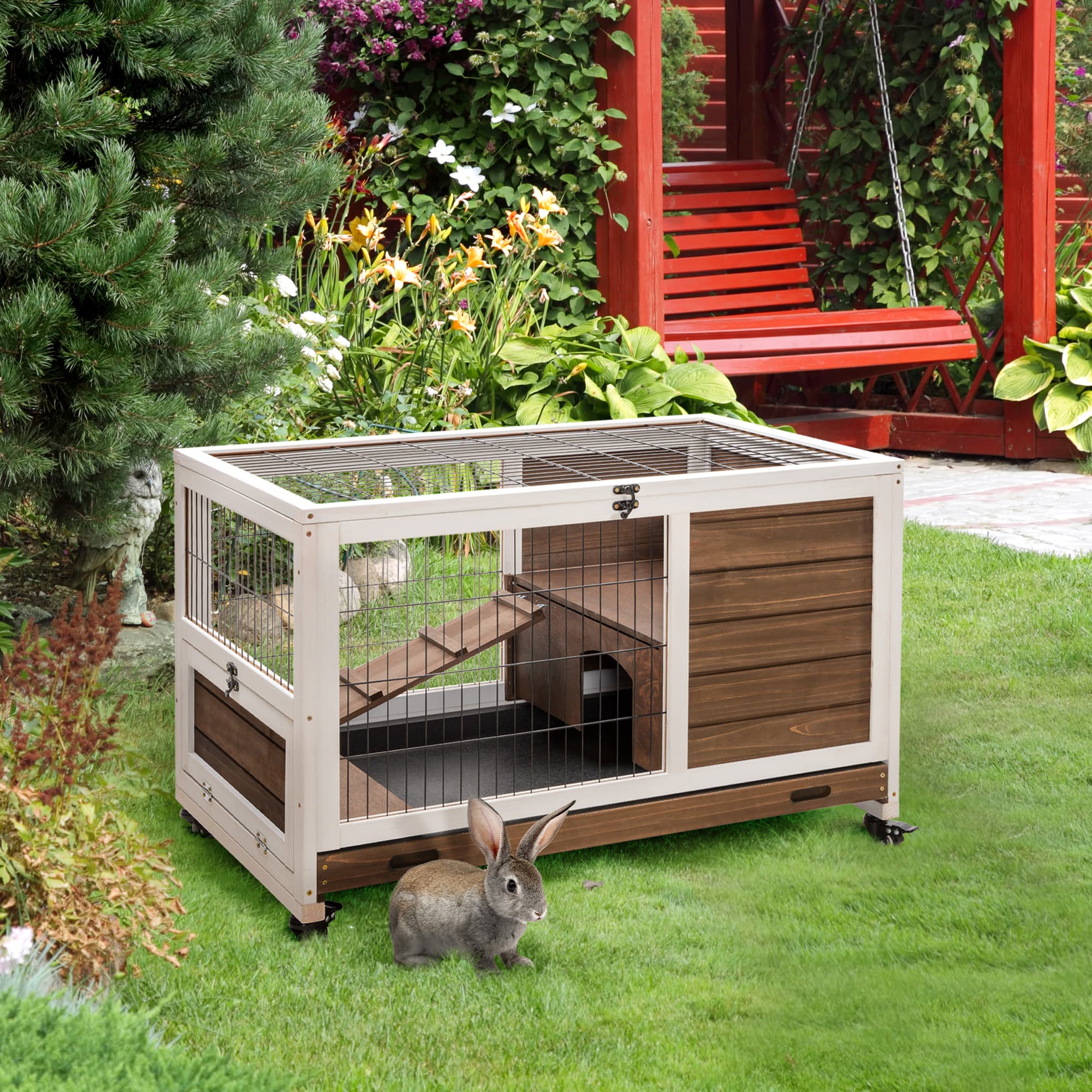 Indoor Rabbit Enclosure, On Wheels, Indoor Bunny Cage Small Animal House With Pull Out Tray Casters Ramp, 35.5 X 21 X 23, Brown