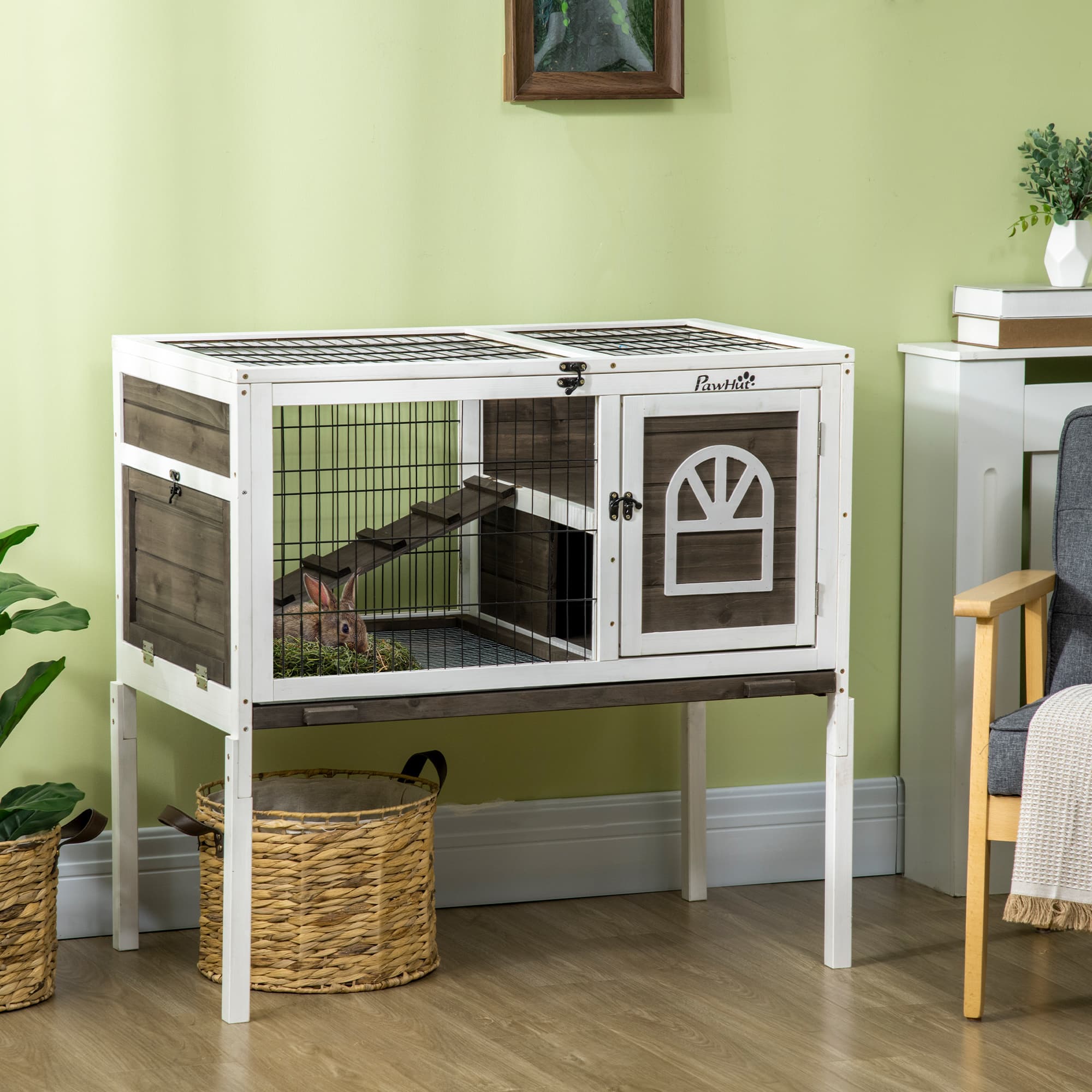  Wood Rabbit Hutch, Elevated Guinea Pig Cage with Run, Coffee