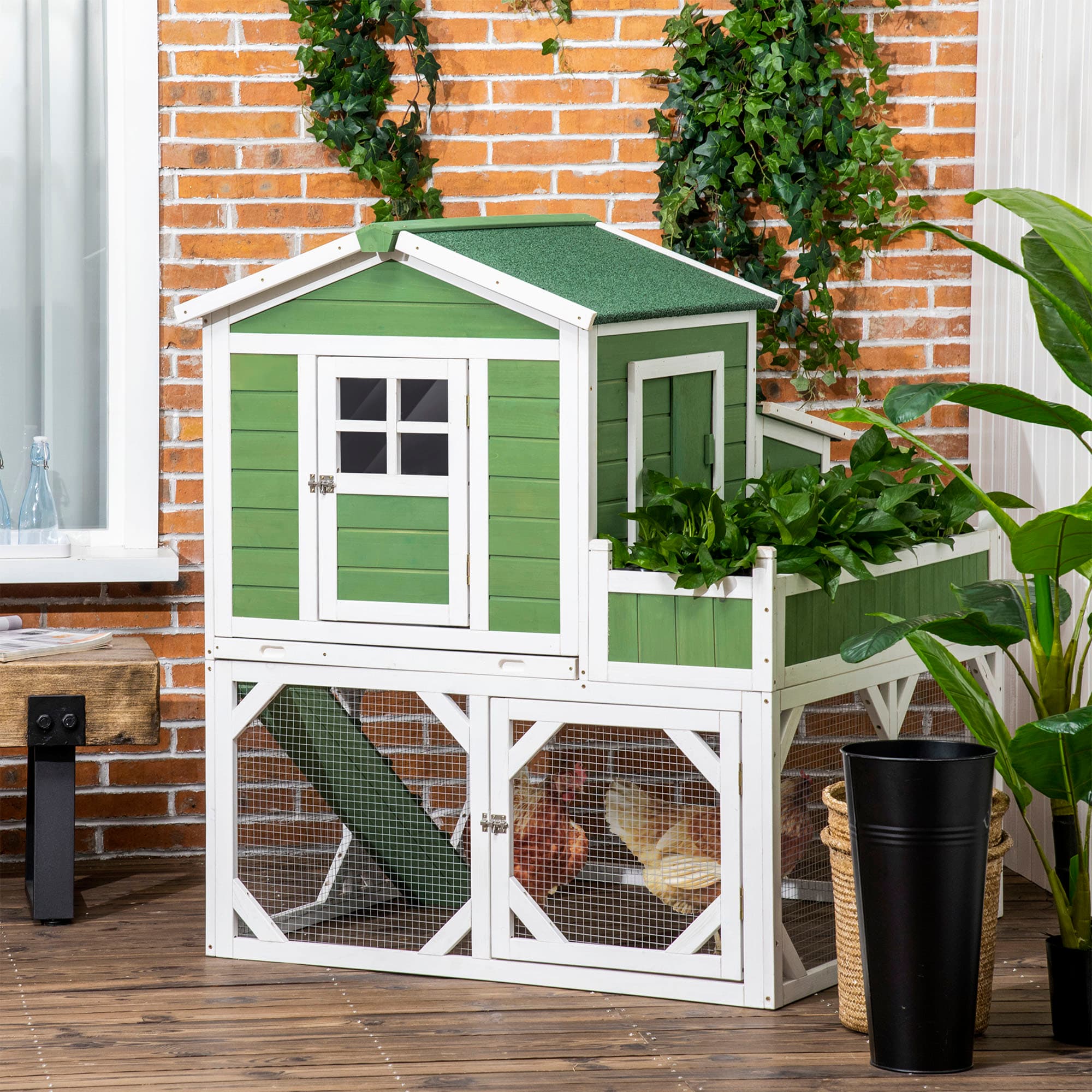  49" Small Chicken Coop Hen House with Garden Space, Chicken House Outdoor Run Cage with Weather Protection, 2-4 Birds, Green
