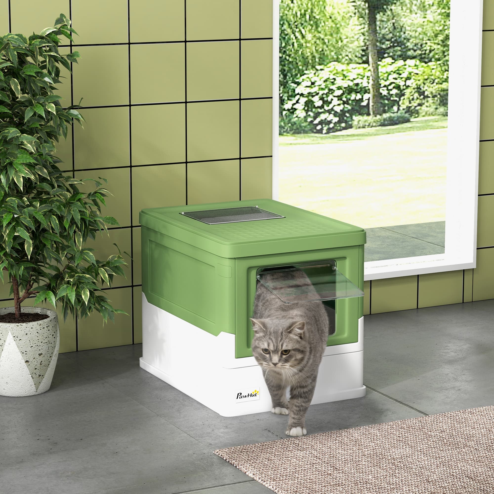  Fully Enclosed Cat Litter Box with Front Entry, Top Exit, Yellowish Green