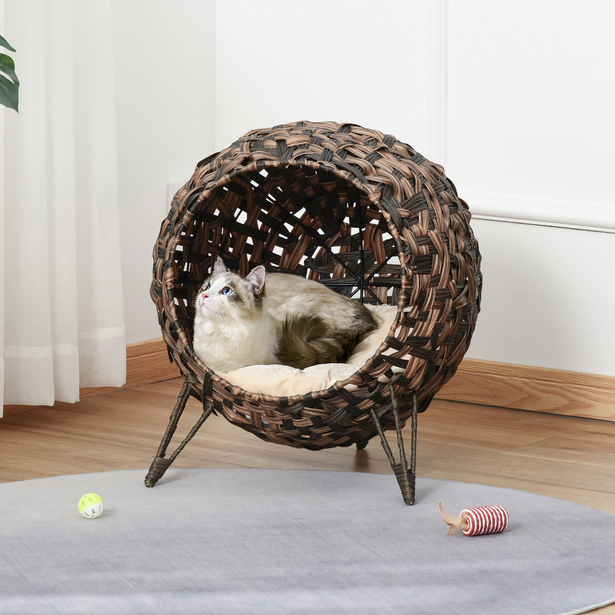  20.5" Weaved Cat Bed, Elevated Hand-woven Braided Banana Leaf Kitten House Condo with Cushion, Brown
