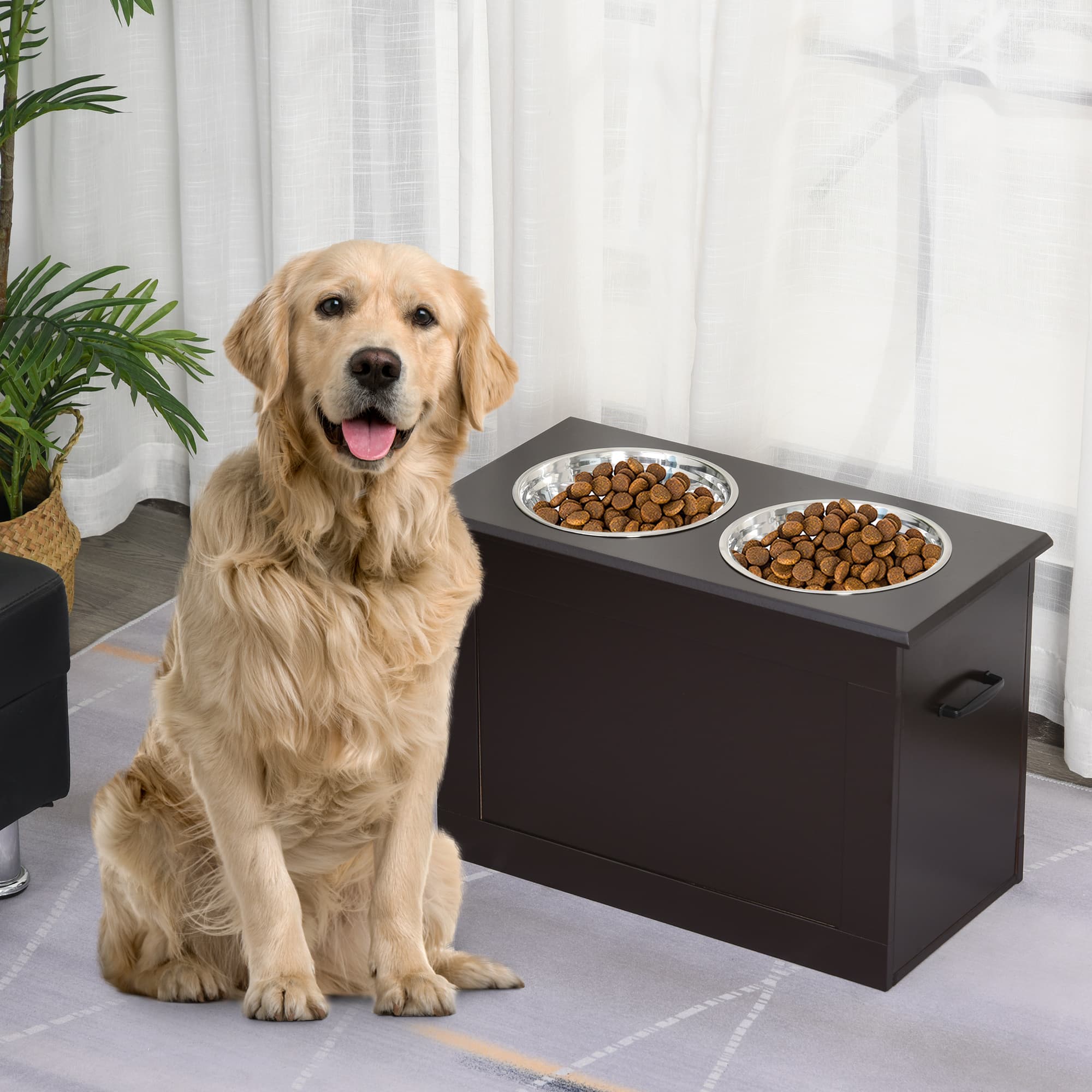  Raised Pet Feeding Storage Station with 2 Stainless Steel Bowls Base for Large Dogs and Other Large Pets, Coffee