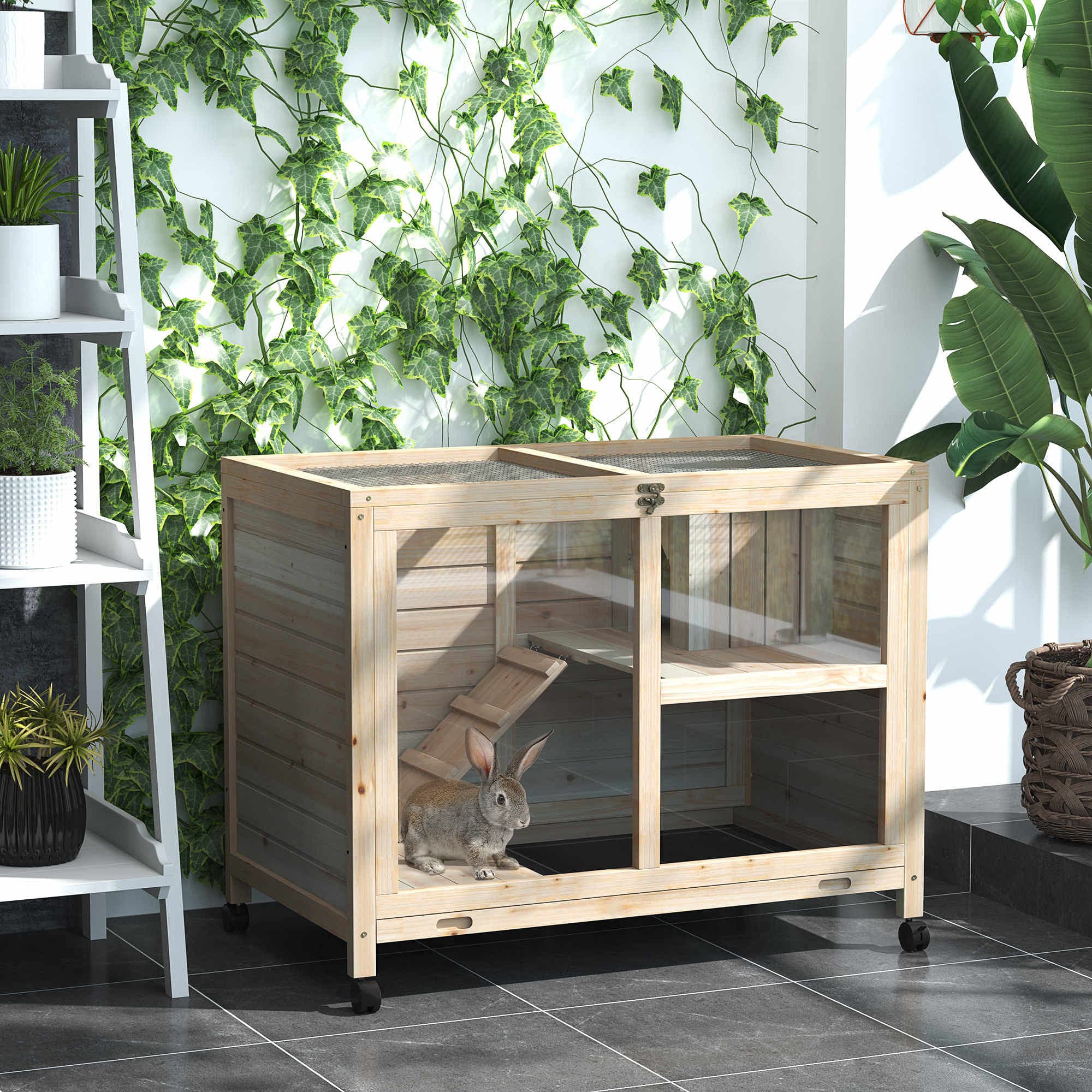  Rabbit Hutch with Wheels, Desk and Side Table Sized, Wooden Rabbit Cage, Waterproof Small Bunny Cage with Removable Tray, Openable Roof, for Rabbits, Chickens, Ducks, Indoor/Outdoor, Natural