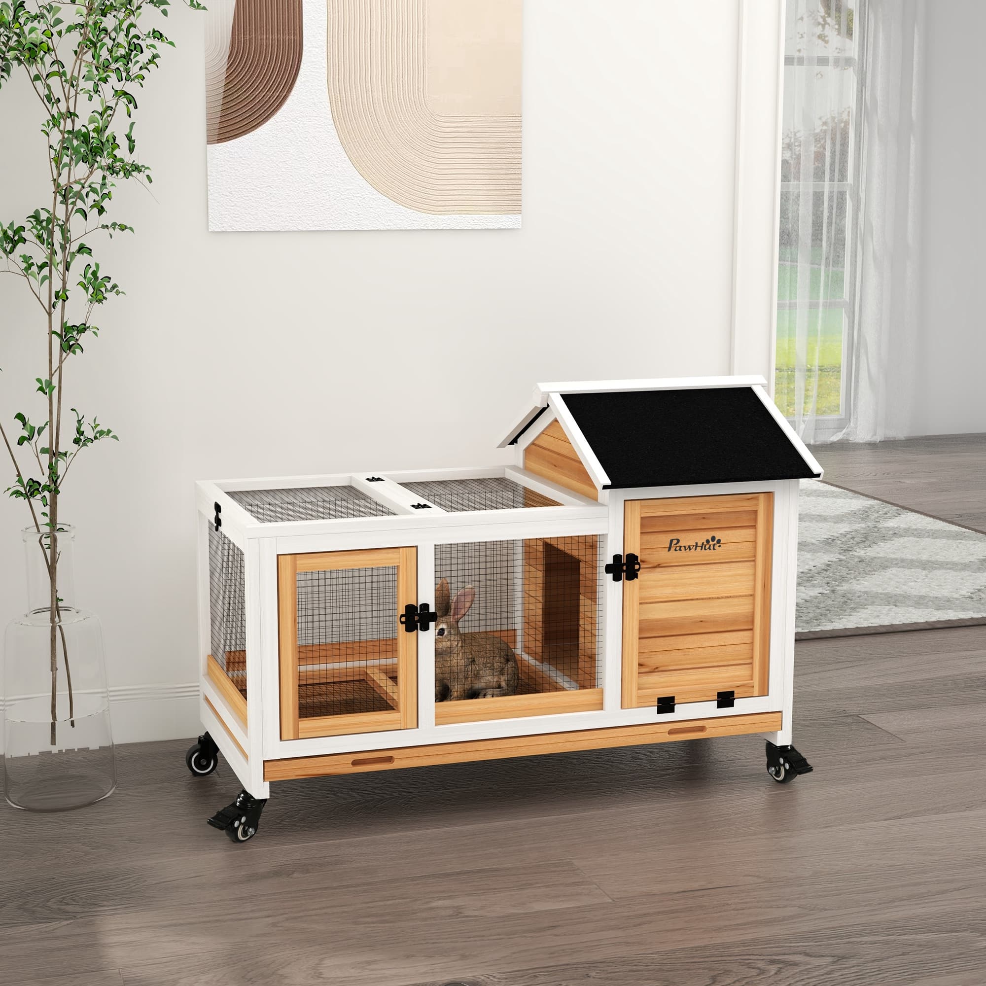  Wooden Rabbit Hutch with Wheels, Run, Slide-out Tray for Small Animals, Guinea Pig, Yellow