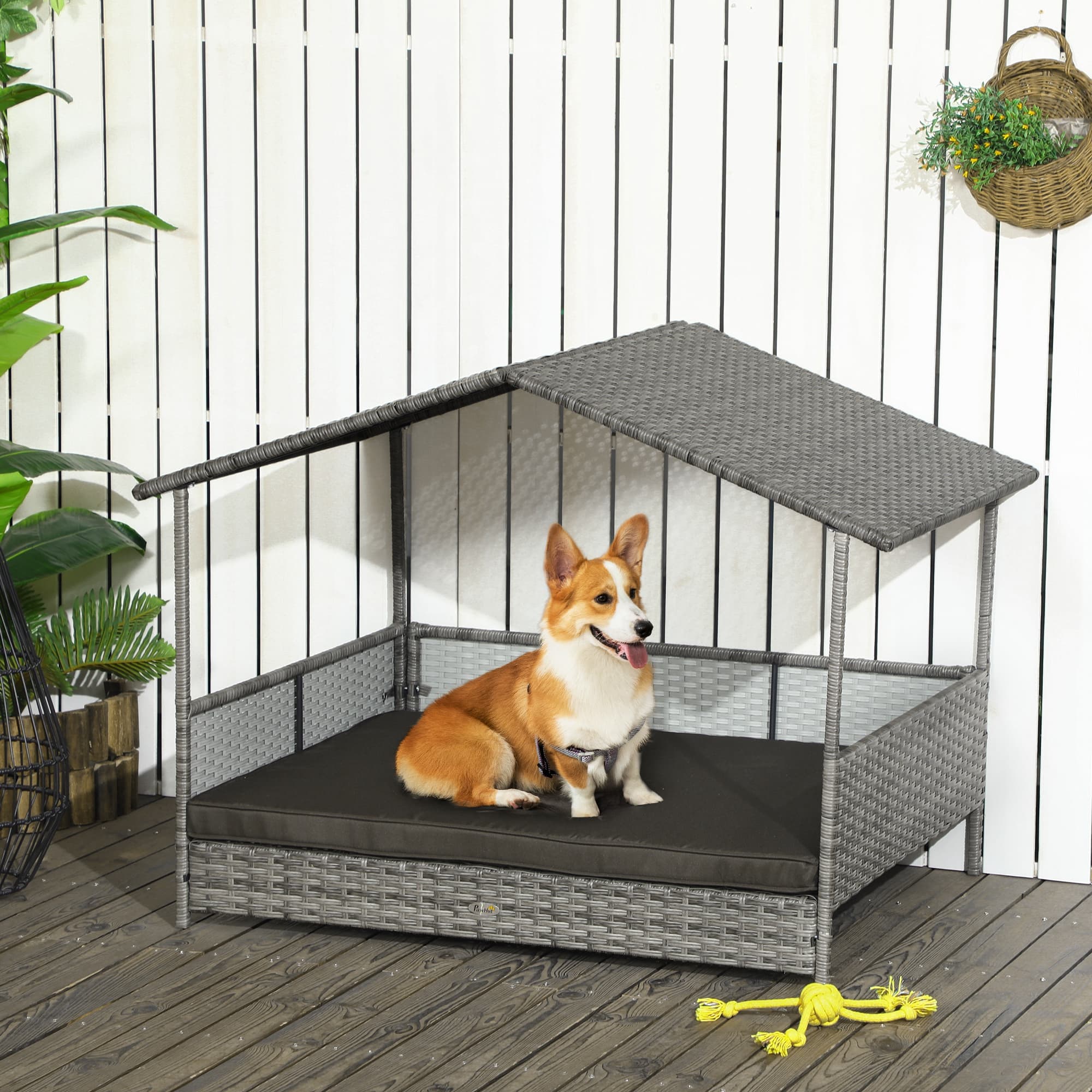  Outdoor Dog Bed with Canopy, Rattan Dog Bed with Soft Cushion Removable Cover for Medium and Large Dogs, Charcoal Gray