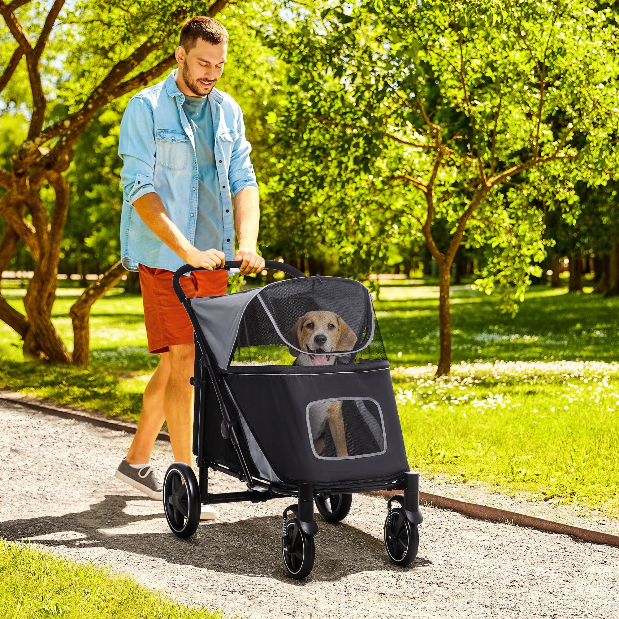  Dog Stroller for Large Medium Small Dogs up to 66 Lbs. 23.5" in Body Length, One-Click Foldable Pet Cat Stroller with Storage, Shock Absorption Wheels, Mesh Window, Safety Leash, Gray