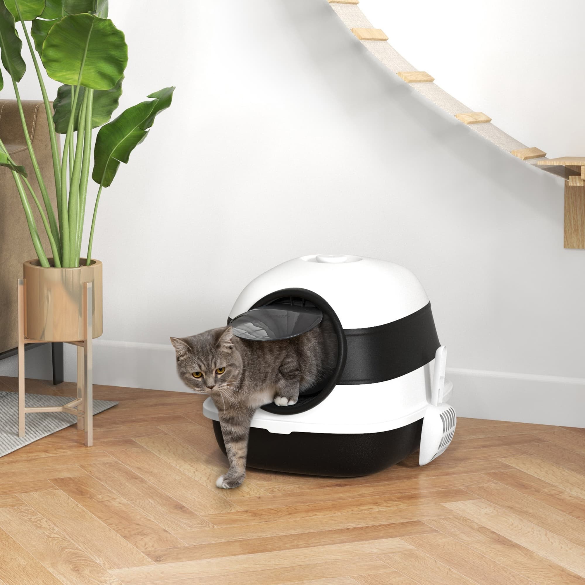  Dome Covered Cat Litter Box with Lid, White and Black