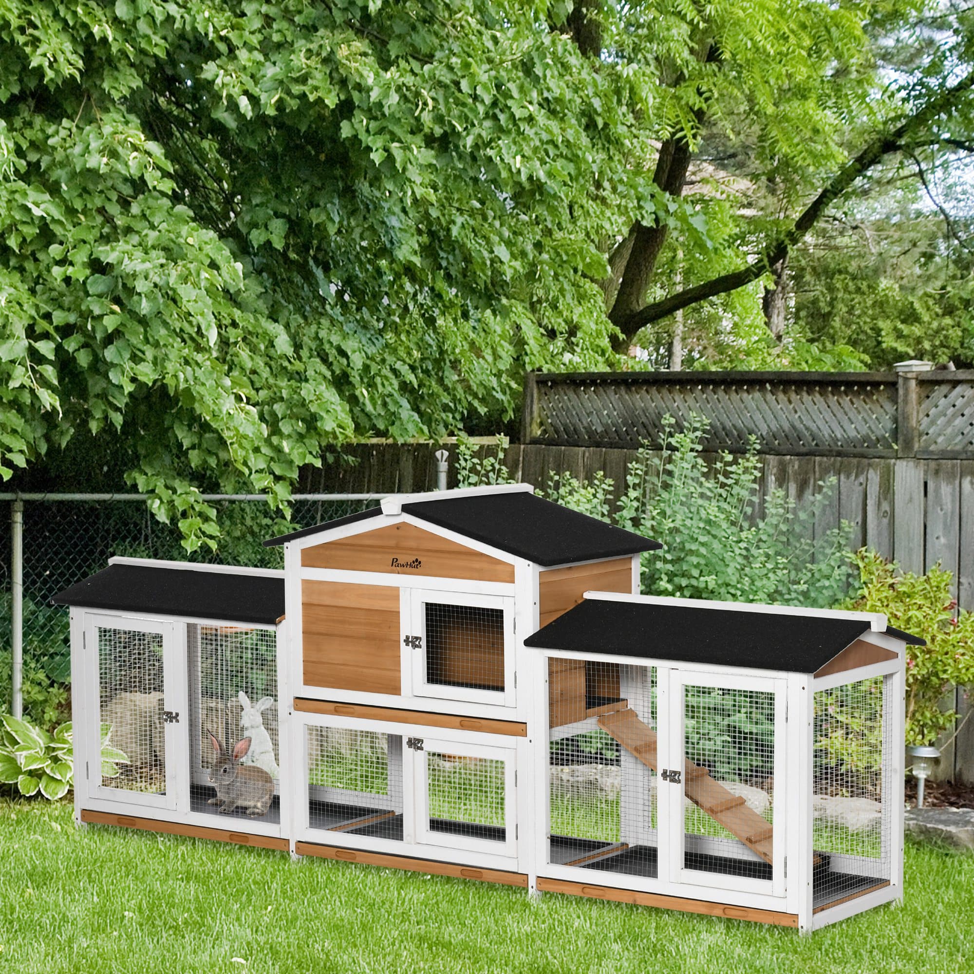  90.5" Wooden Rabbit Hutch Bunny Cage Pet Playpen House Enclosure with Double Side Run Boxes, No Leak Tray, Ramp, for Rabbits, Chickens, Ducks, Guinea Pig and Small Animals, White