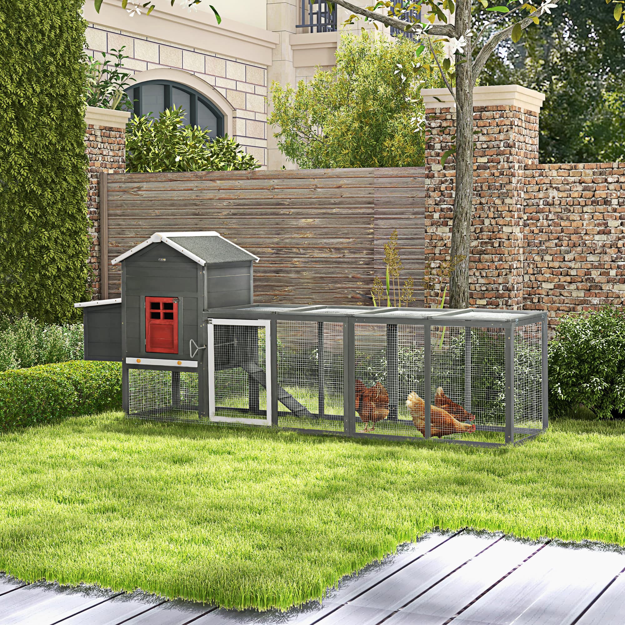  118" Extra Large Chicken Coop with Asphalt Roof, Wooden Hen Run with Slide-Out Tray and Nesting Box, Chicken Hutch for 3-6 Chickens, Gray