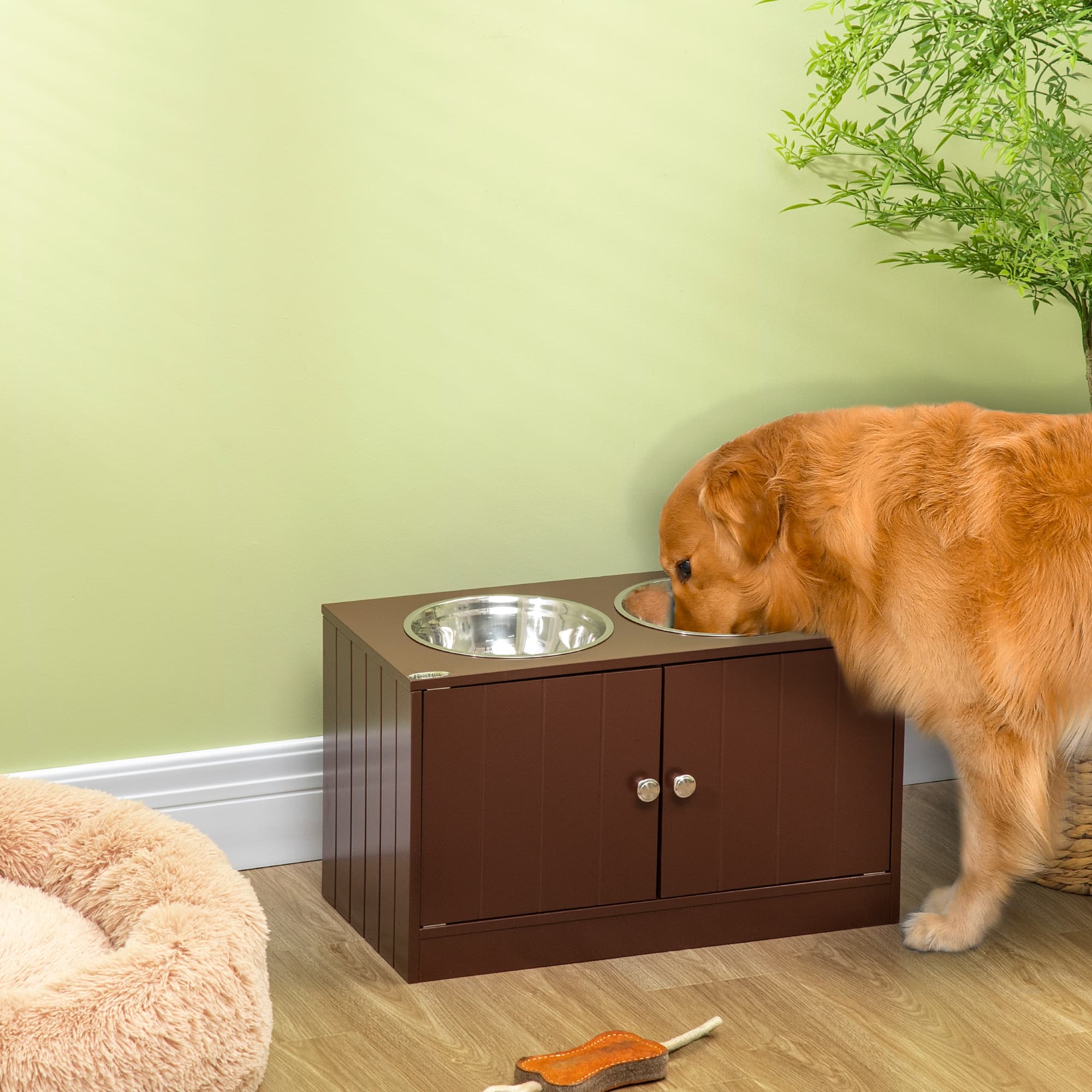  Elevated Dog Bowls with Storage Cabinet, Raised Dog Bowl Stand Pet Food Bowl Dog Feeding Station, Brown