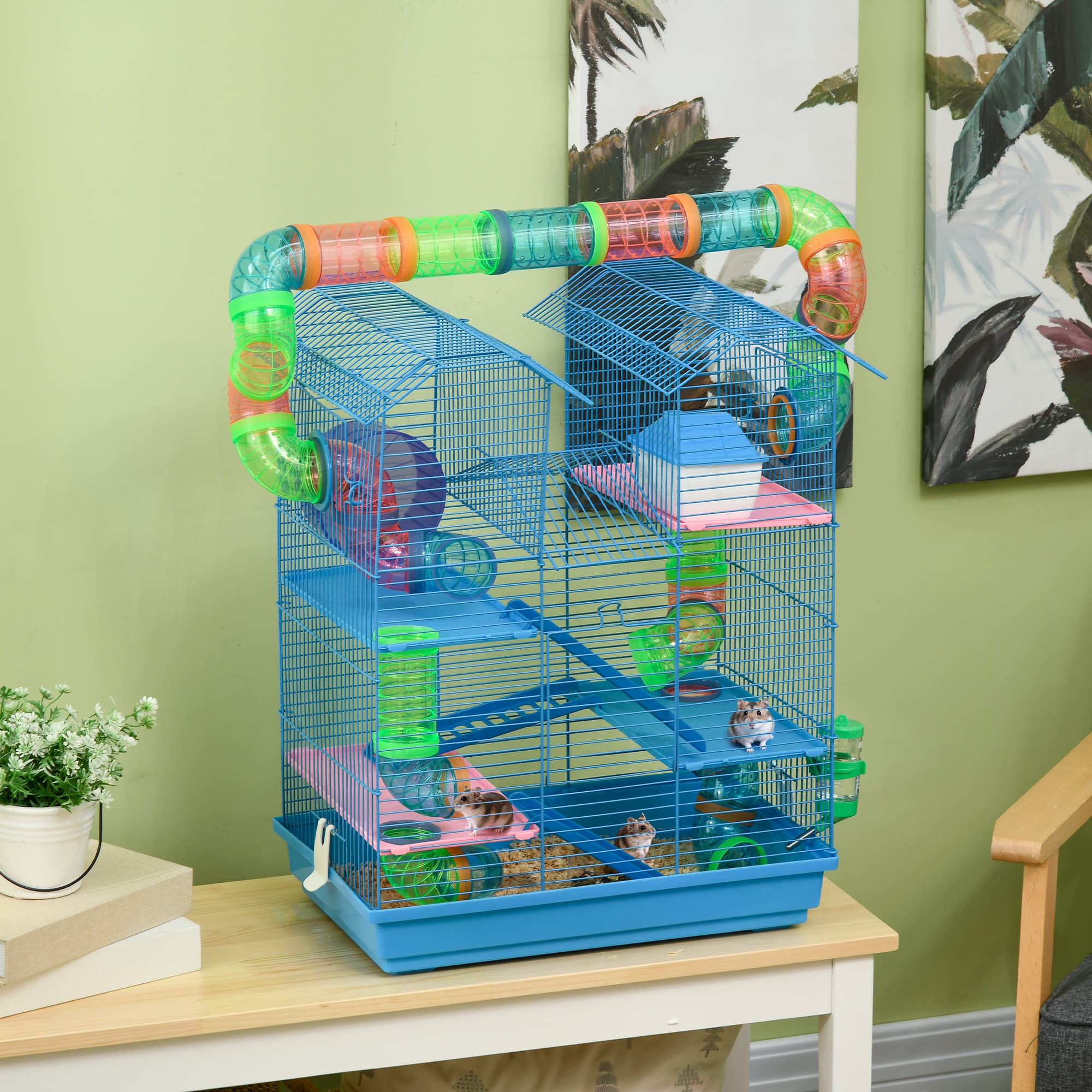  18.5" 5 Tier Hamster Cage with Tubes and Tunnels, Small Animal Cage, Rat Gerbil Cage with Water Bottle, Food Dish, Exercise Wheel, Blue