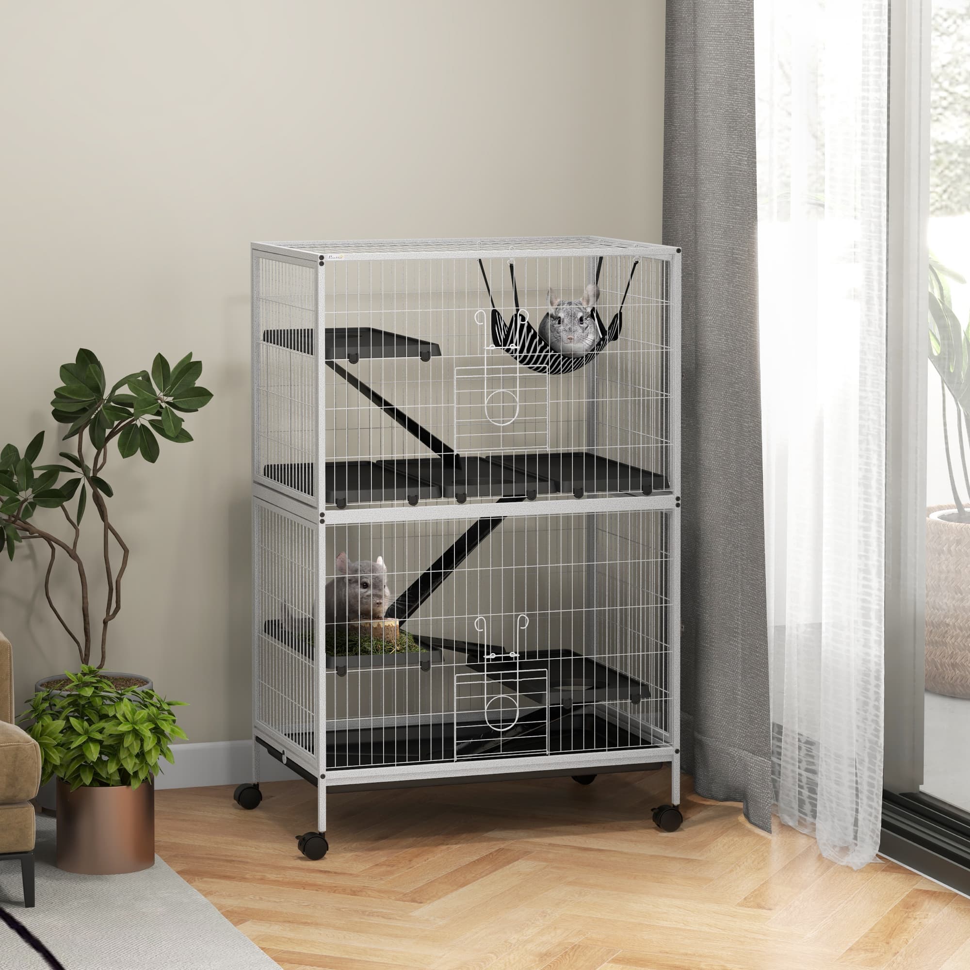  50" H Rolling Small Animal Cage with Hammock, Ferret Cage, Chinchilla Cage, Pet Habitat, wIth 4 Doors, Removable Tray