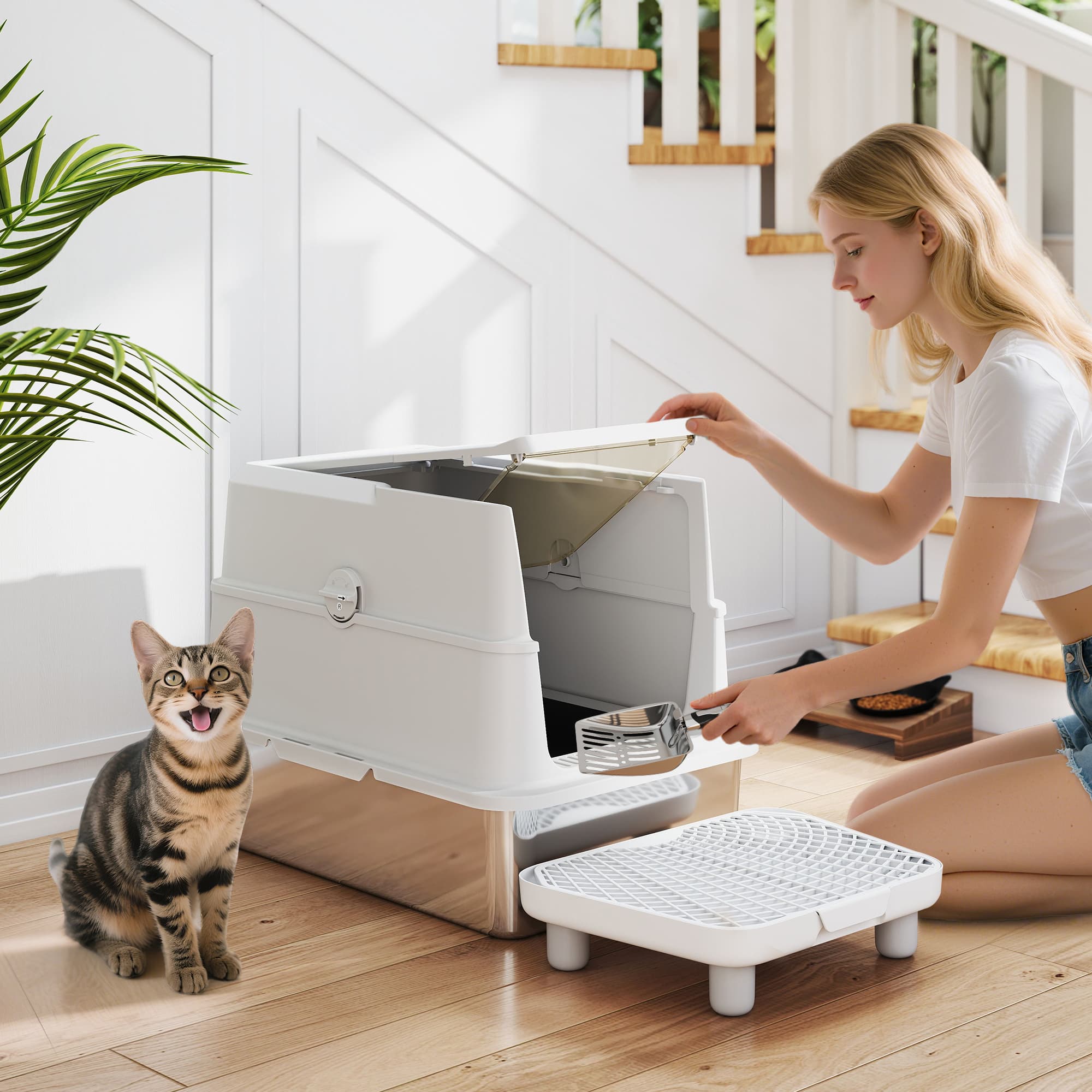  Extra Large Stainless Steel Cat Litter Box for Big Cats with Flip Cover, High-Sided Enclosure & Scoop