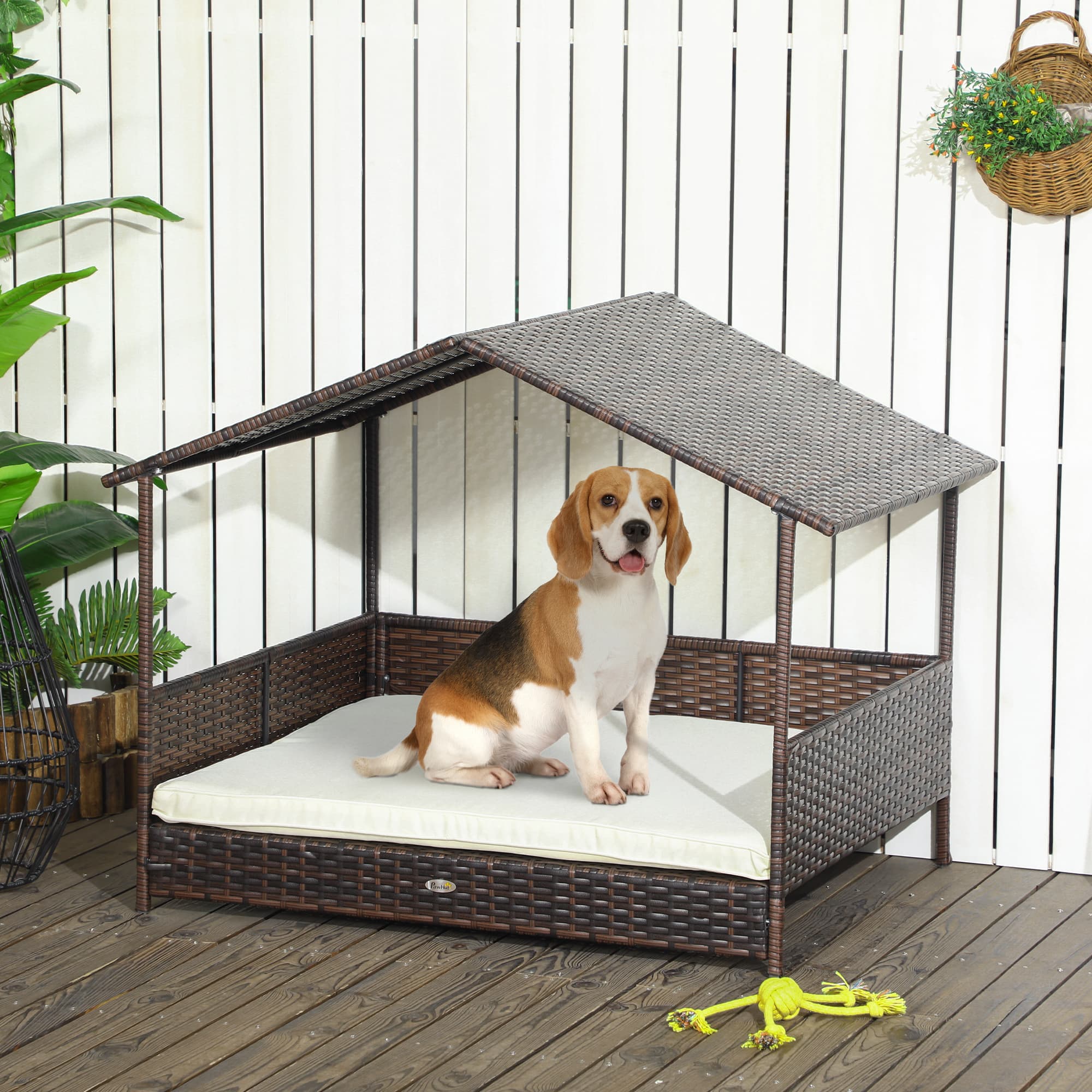  Outdoor Dog Bed with Canopy, Rattan Dog Bed with Soft Cushion Removable Cover for Medium and Large Dogs, Cream White