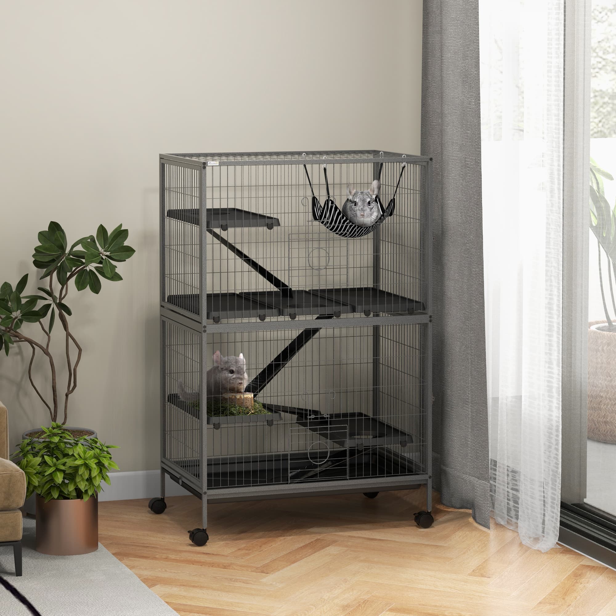 50" H Rolling Small Animal Cage with Hammock, Ferret Cage, Chinchilla Cage, Pet Habitat with 4 Doors, Removable Tray