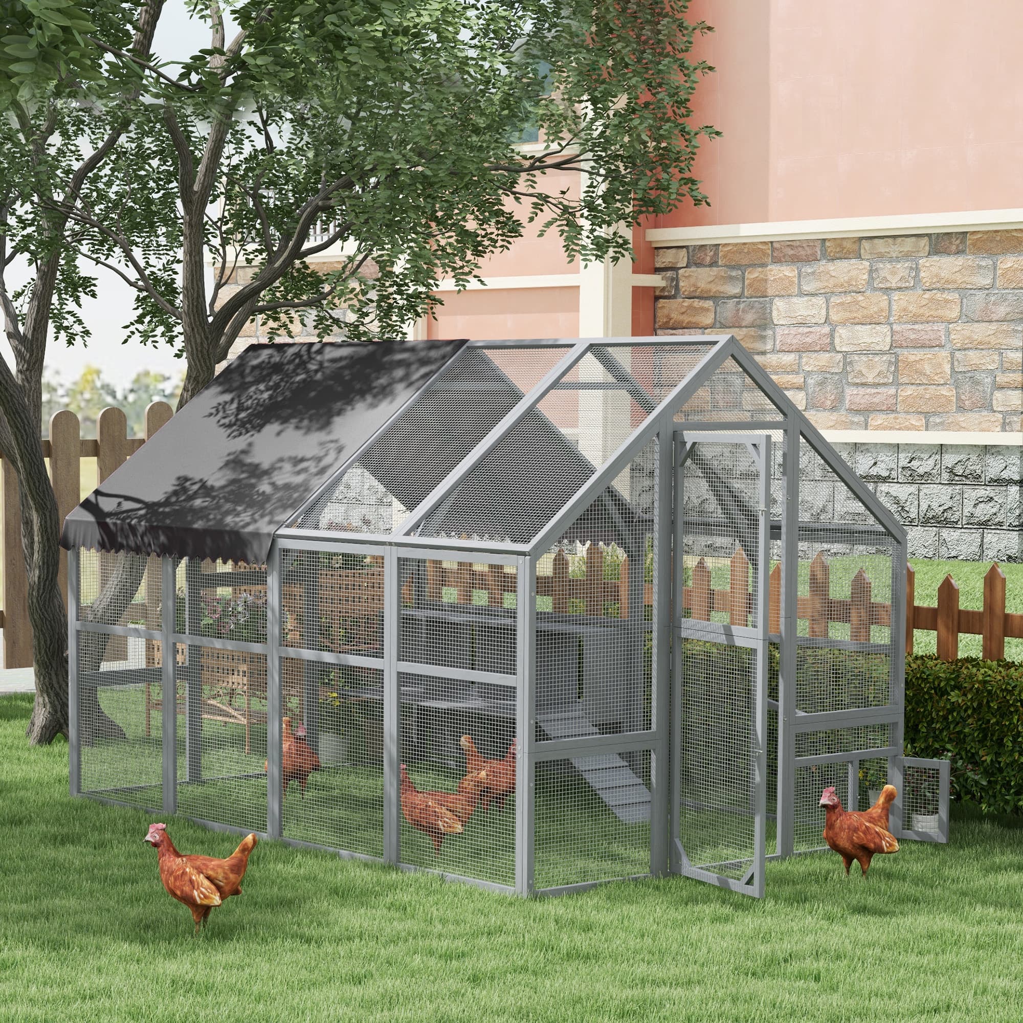  9' x 6' x 6' Large Chicken Coop with Nesting Box, Water-Resistant and Anti-UV Cover for 8-12 Chickens, Gray